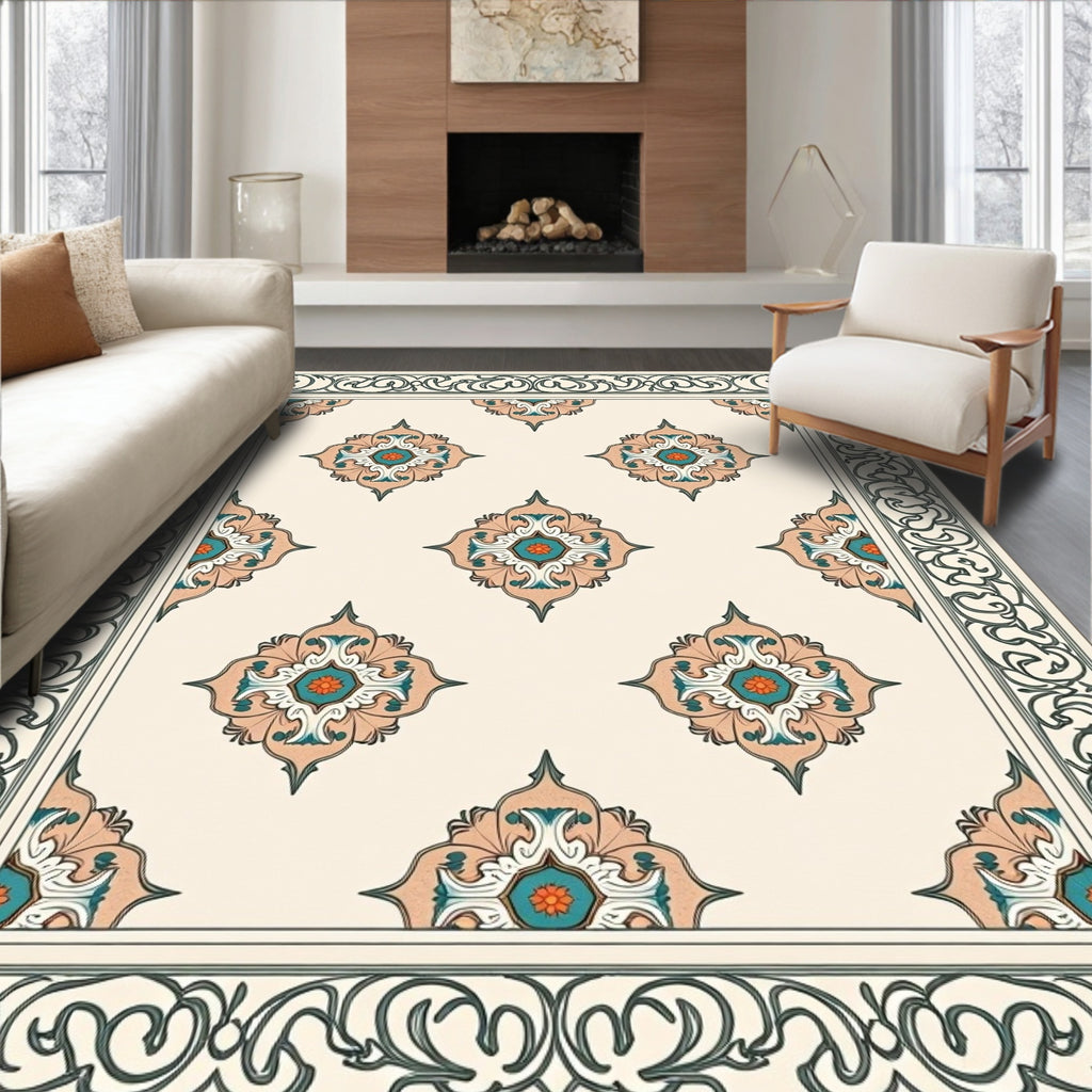 Scroll Border Floral Medallion Pattern Rug