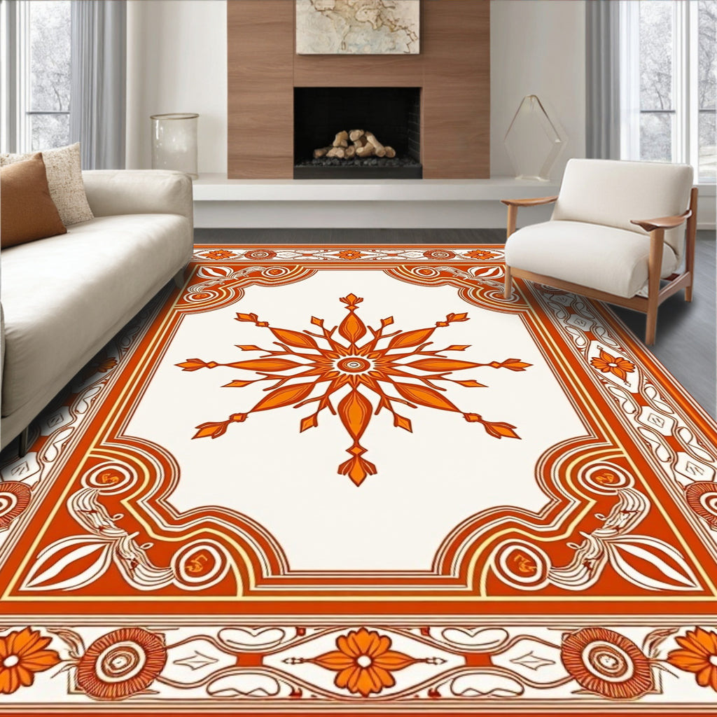Orange Floral Medallion Scrollwork Rug