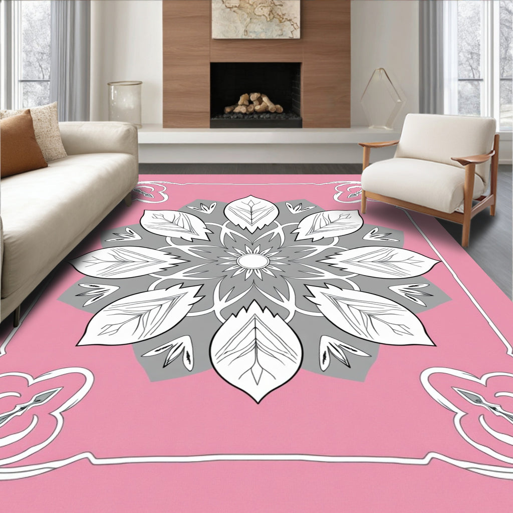 Floral Linework Mandala With Pink Frame Rug