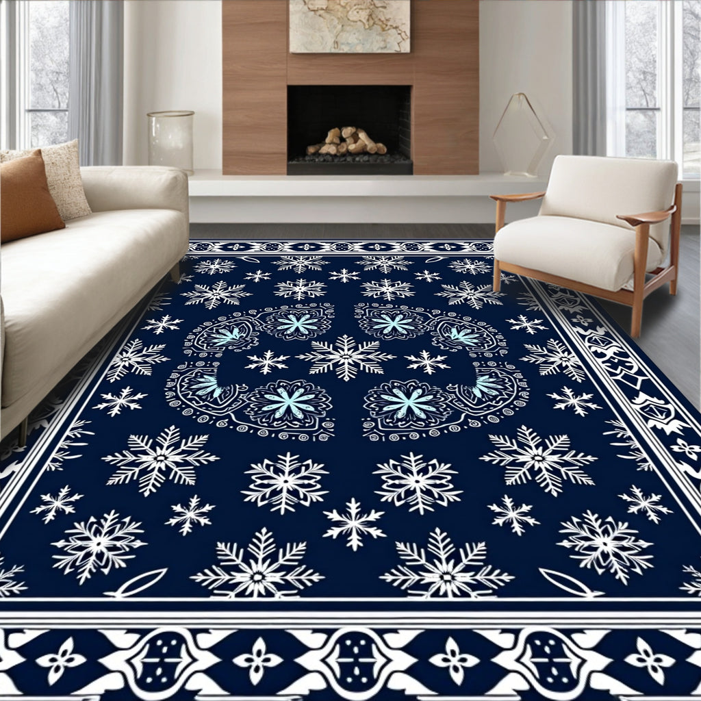 Dark Blue Snowflake Winter Mandala Rug