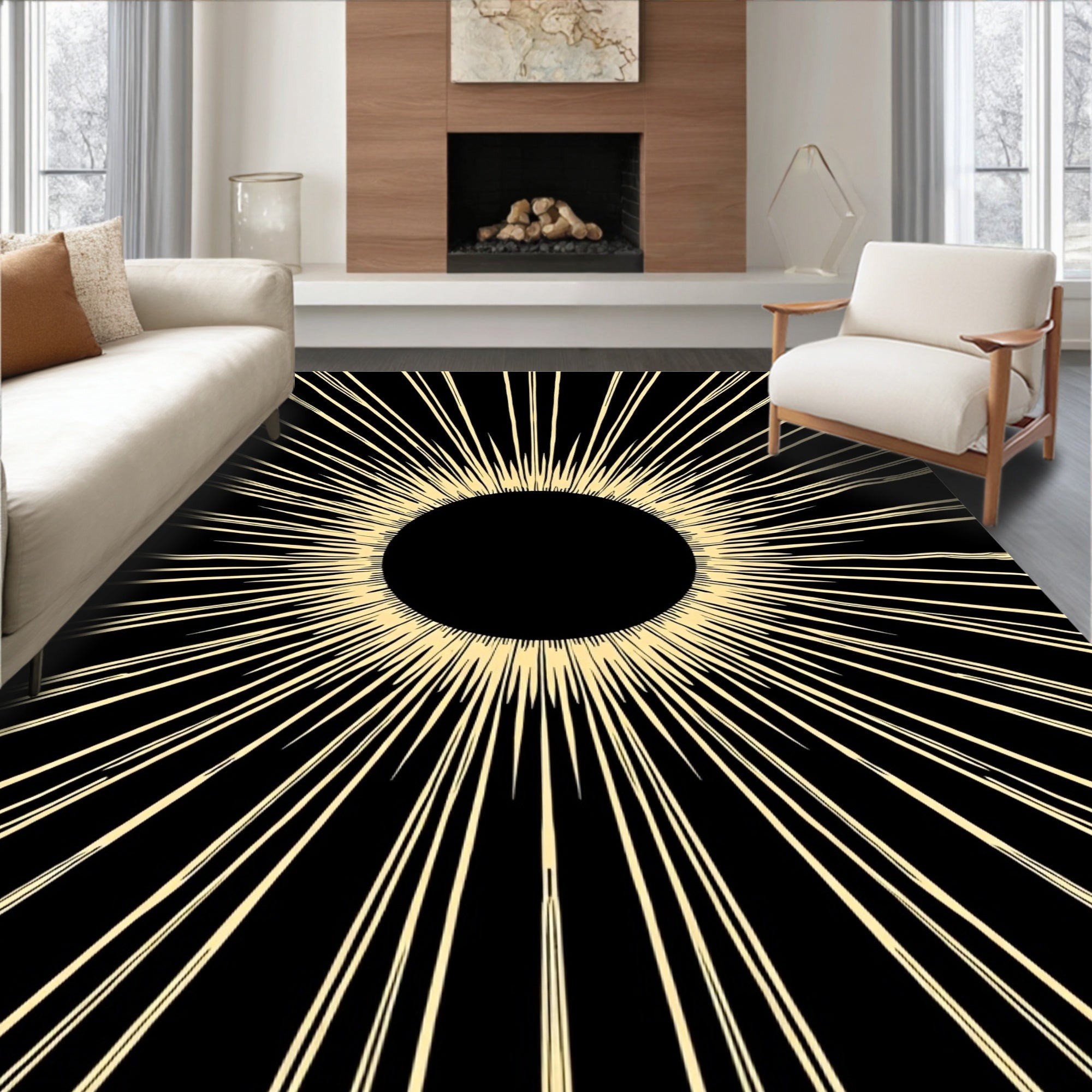 Black Sunburst Rays Art Rug