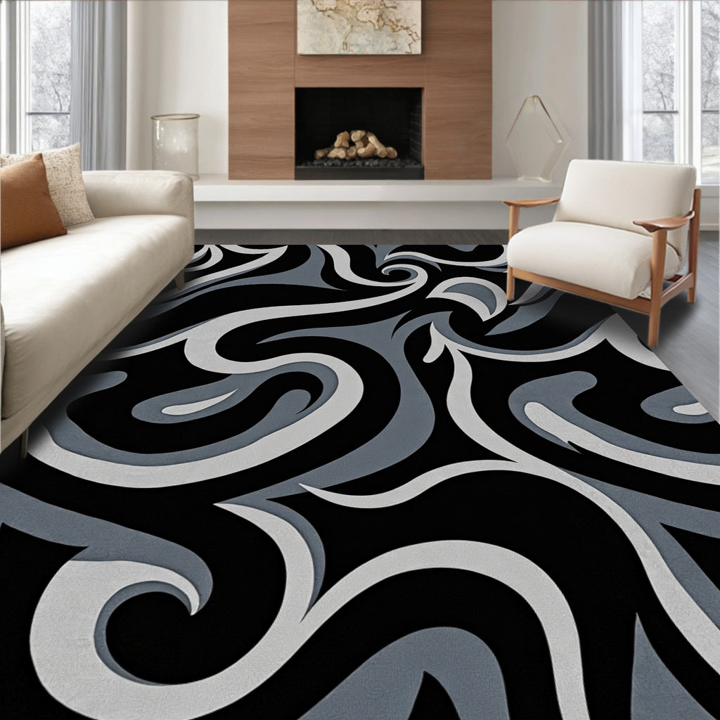 Abstract Black Grey Swirl Design Rug