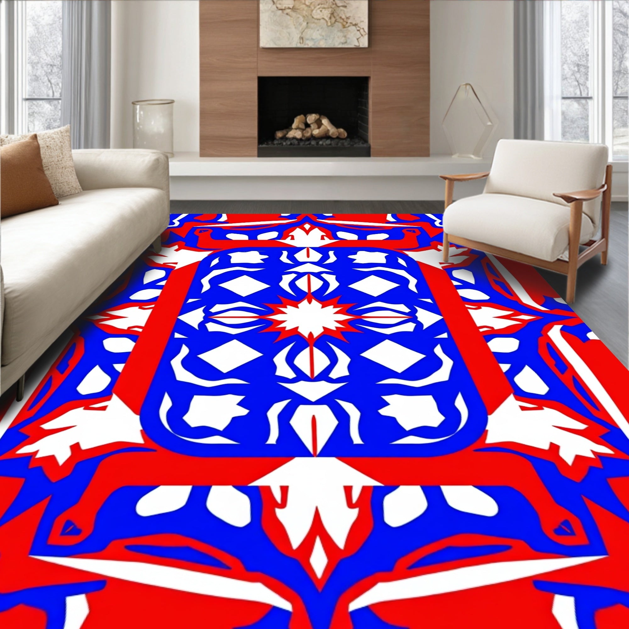 Bold Red Blue Graphic Pattern Rug