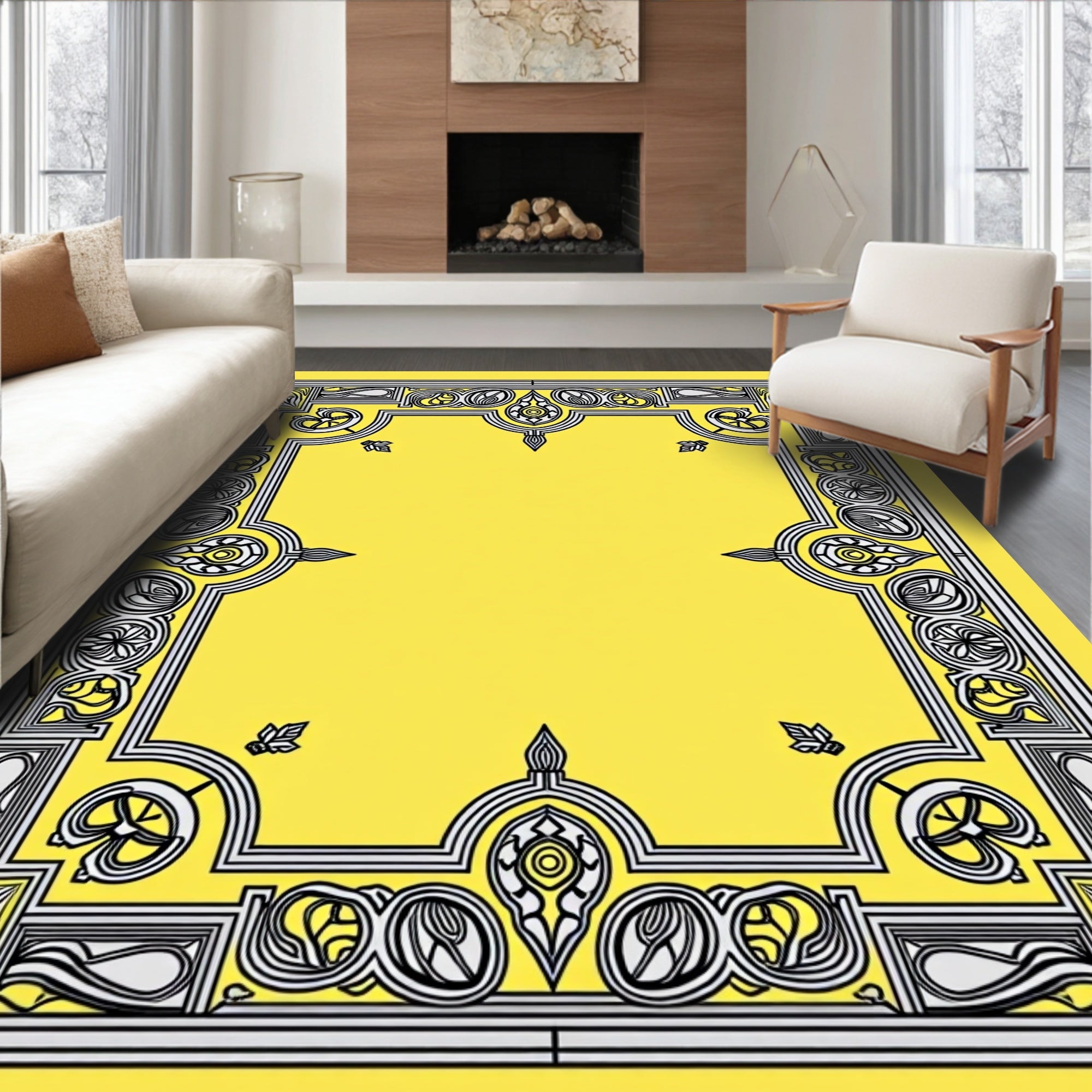 Ornate Yellow Floral Border Design Rug