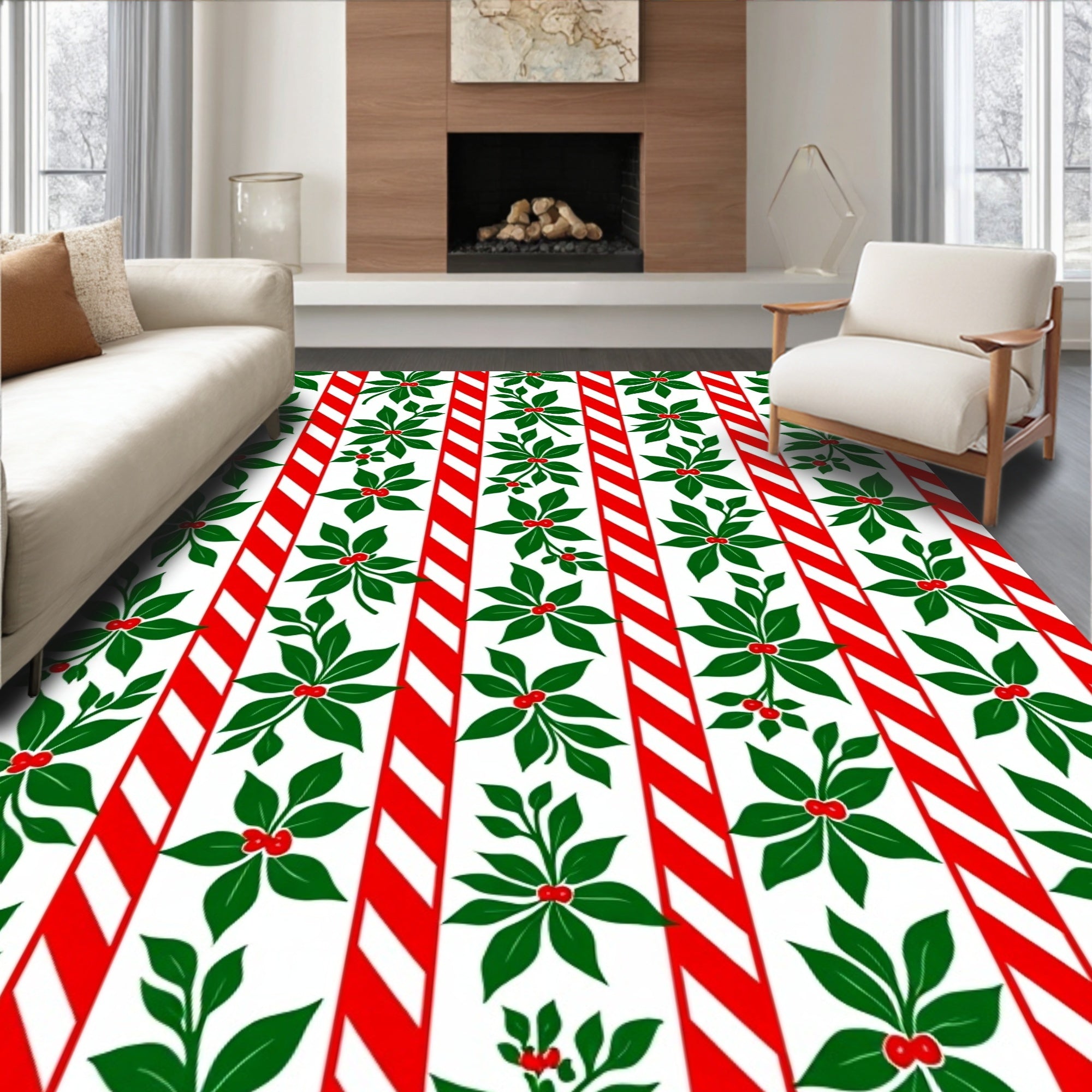 Red White Striped Holly Berry Branches Rug