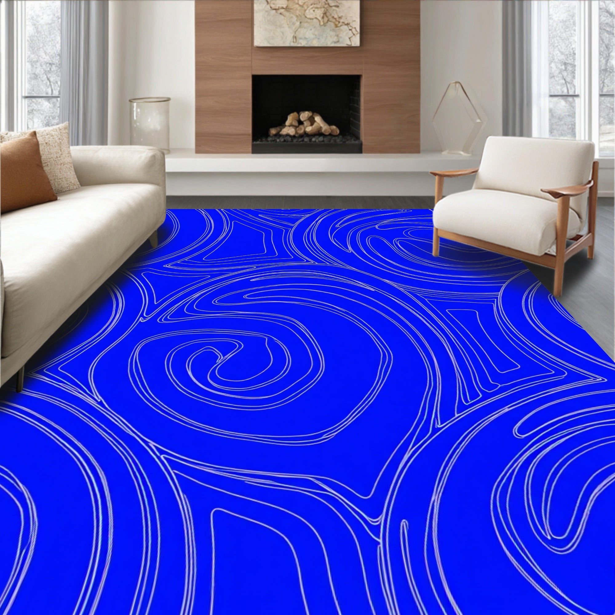Abstract Blue Swirl Pattern Rug