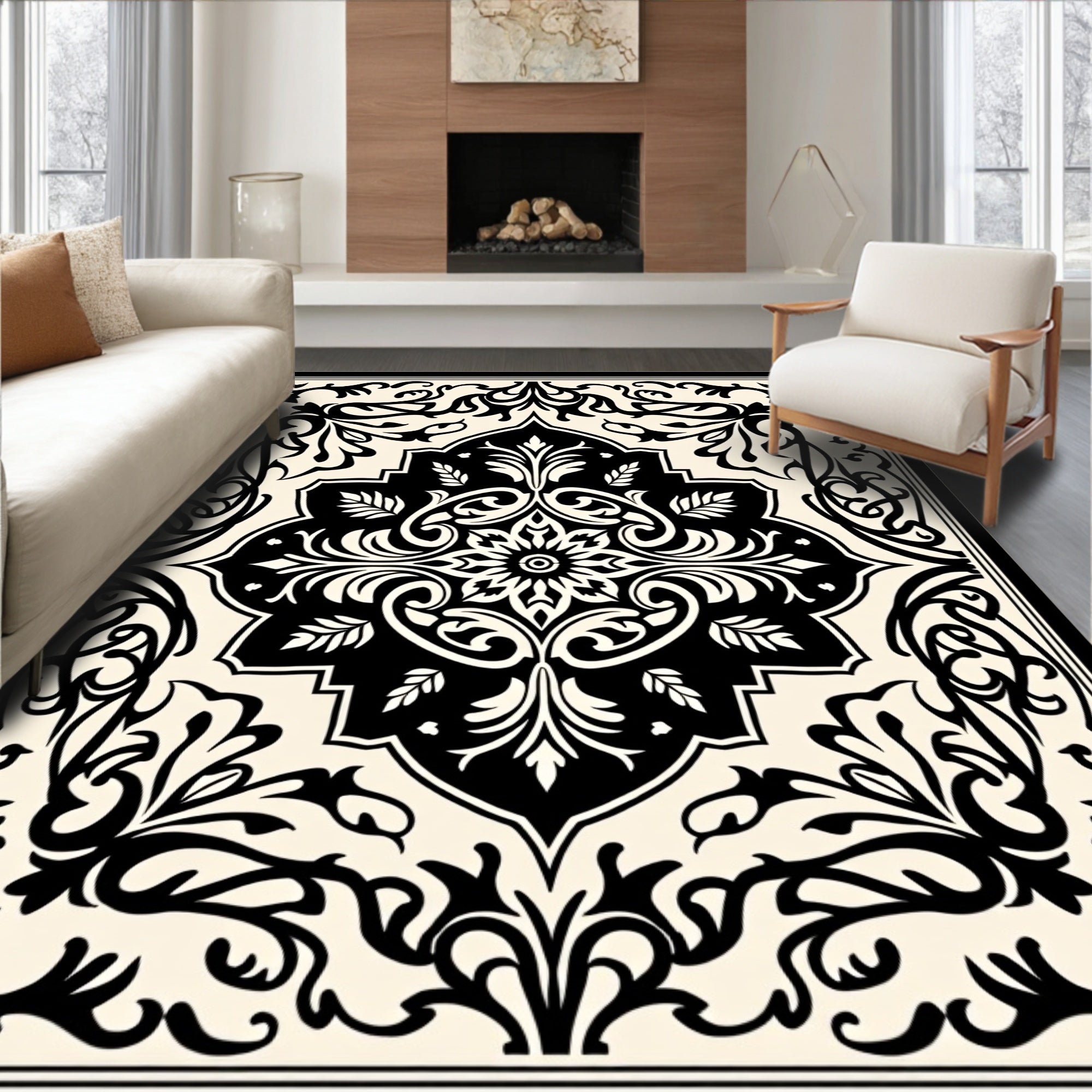 Classic Floral Palmette Black and Cream Rug