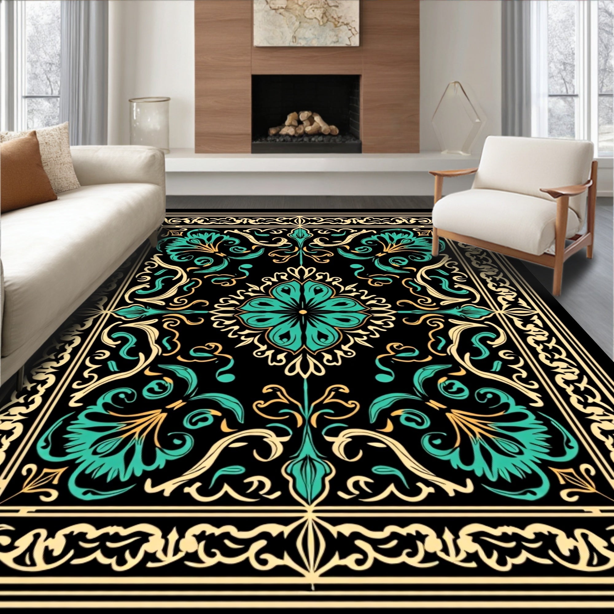 Ornate Teal Gold Floral Scroll Rug