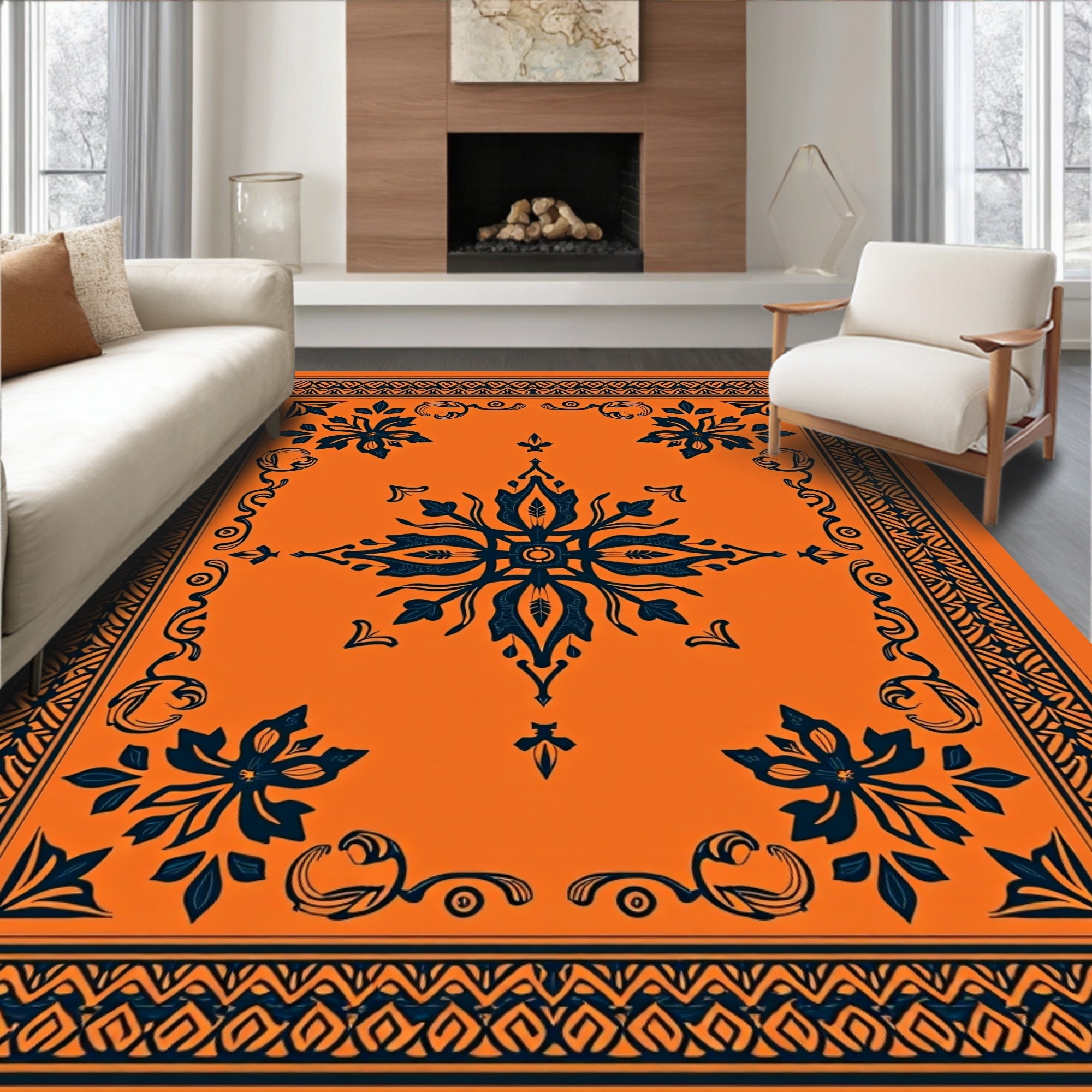 Vibrant Orange and Navy Floral Medallion Rug