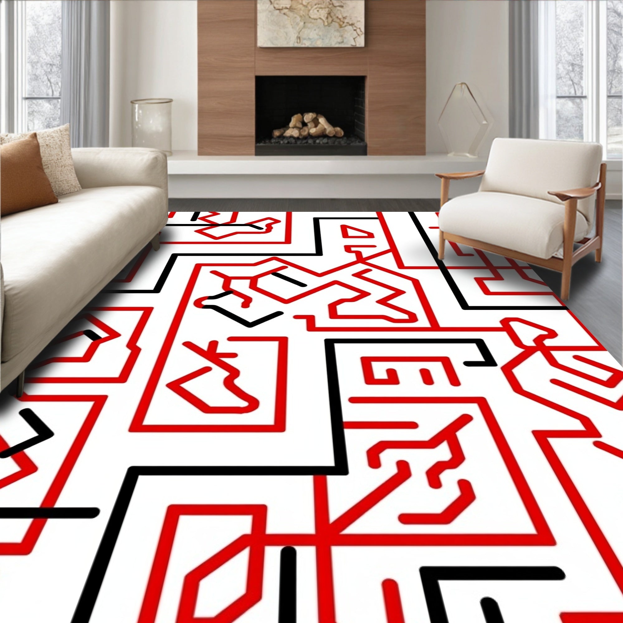 Red Black Linear Geometric Design Rug