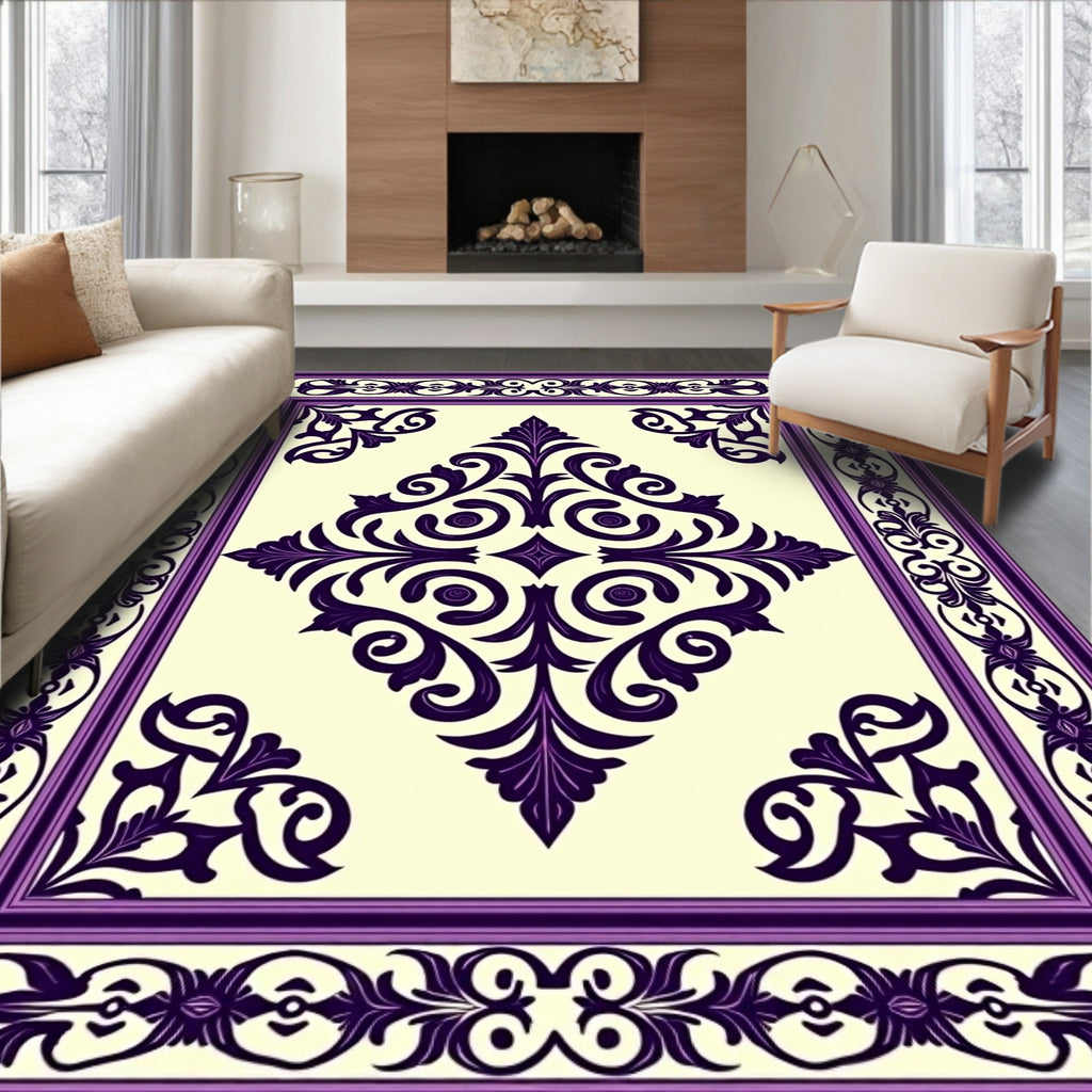 Elegant Purple Floral Scroll Frame Rug