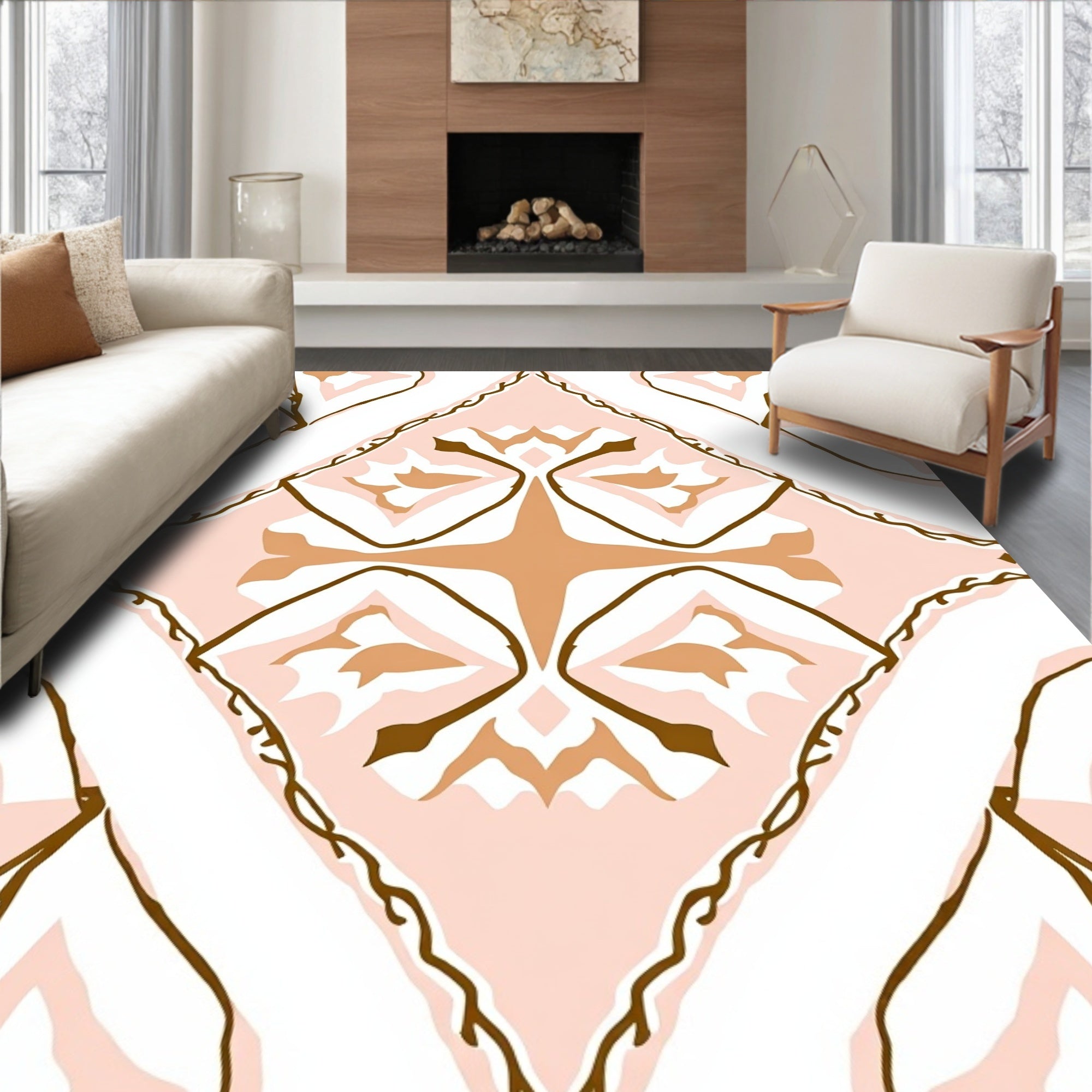 Blush Tan Floral Geometric Pattern Design Rug
