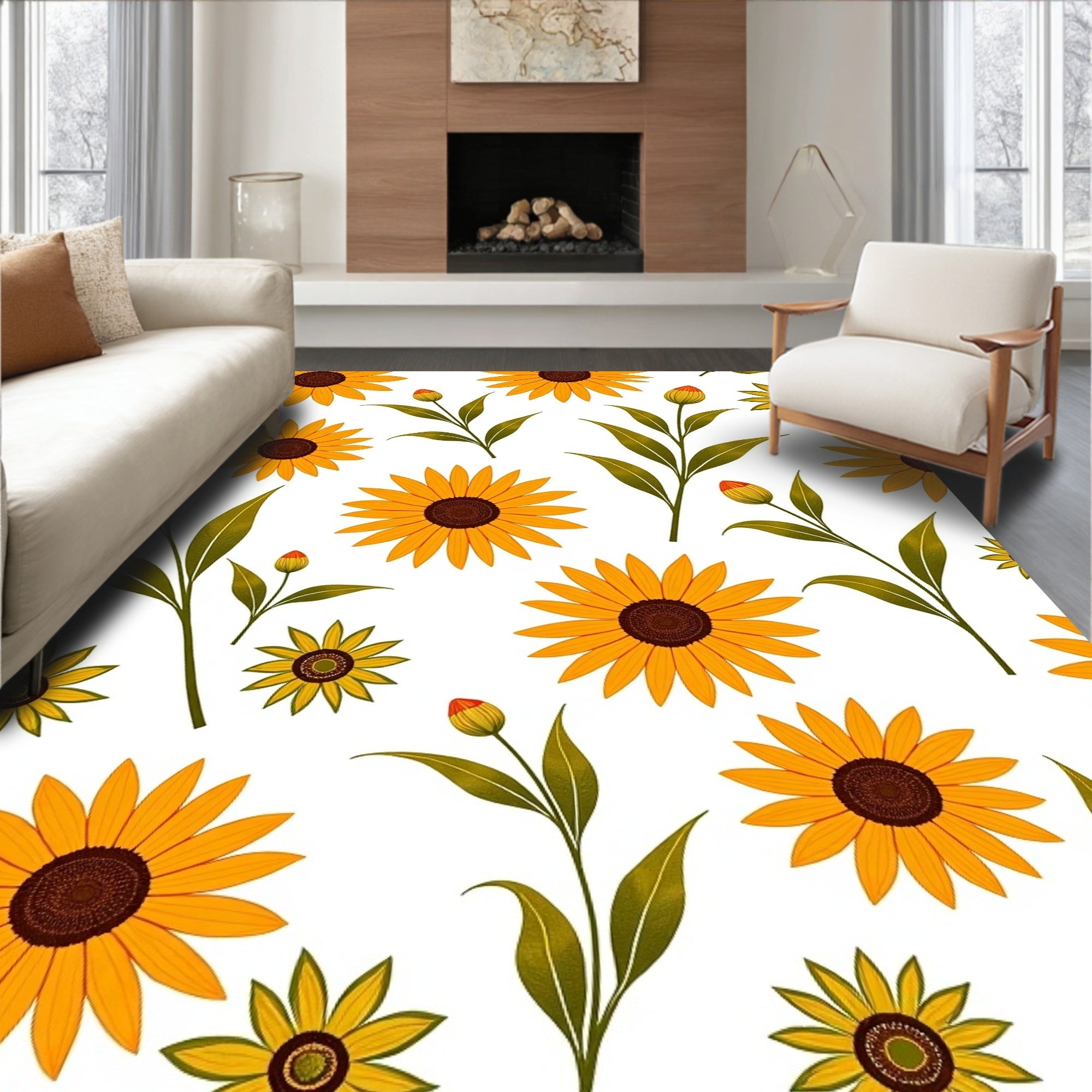Sunflower Pattern With Green Leaves Rug