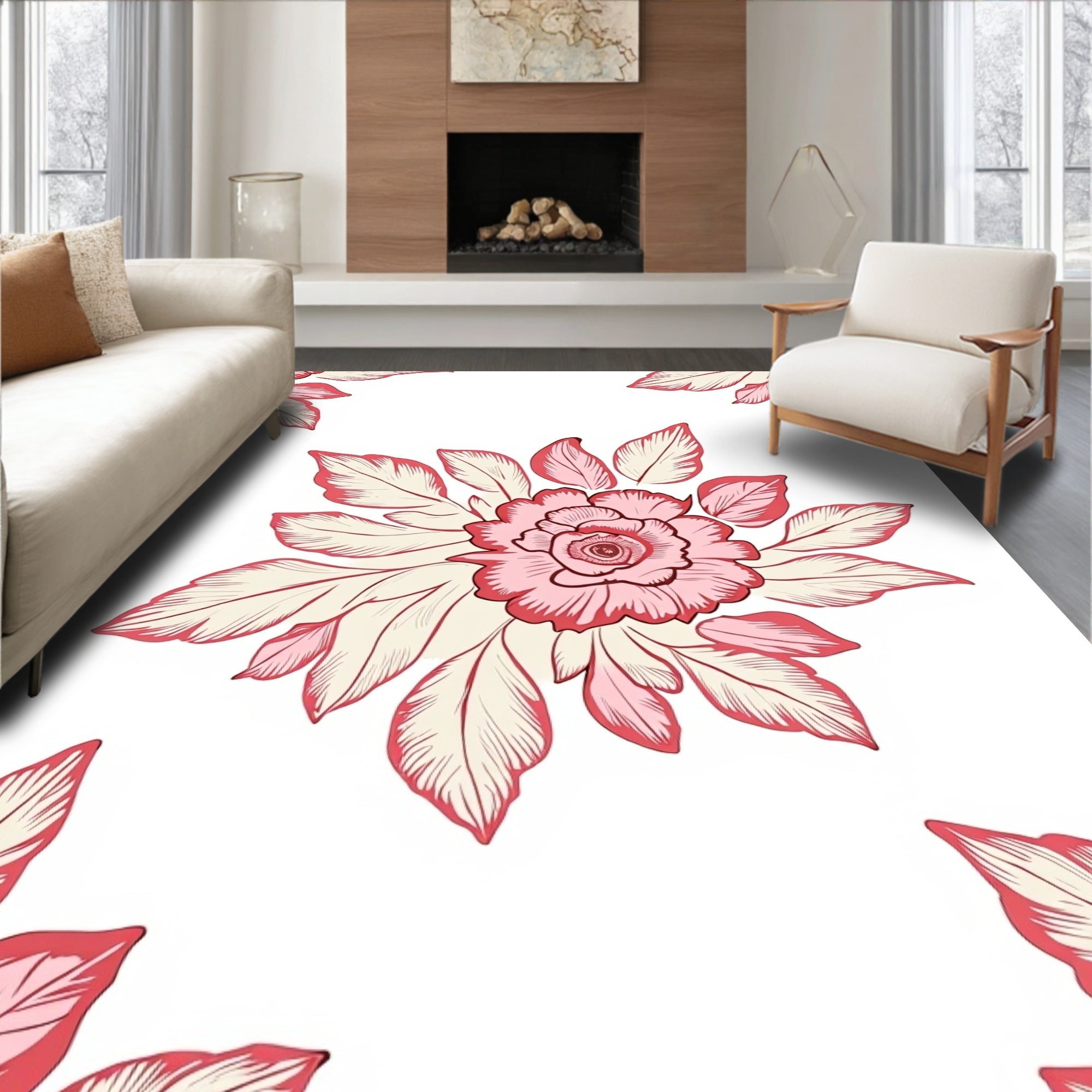 Pink Rose Leaf Pattern Design Rug