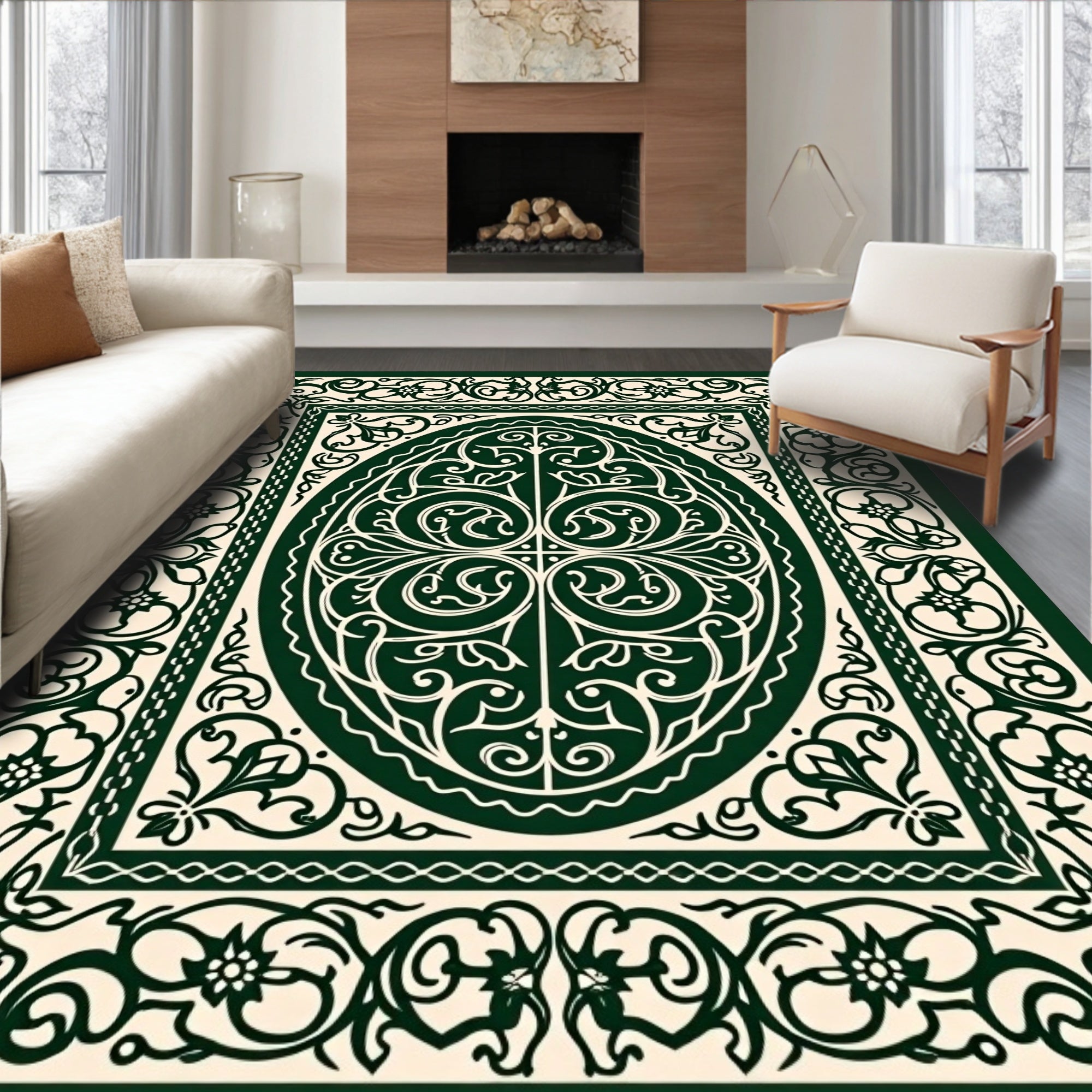 Ornate Floral Scrollwork Oval Pattern Rug