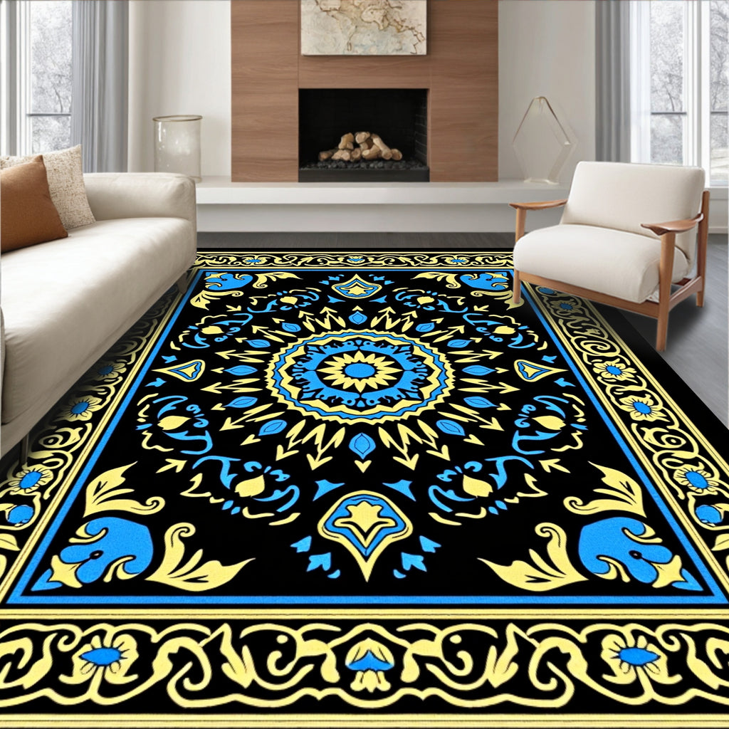 Intricate Blue Yellow Mandala Pattern Rug