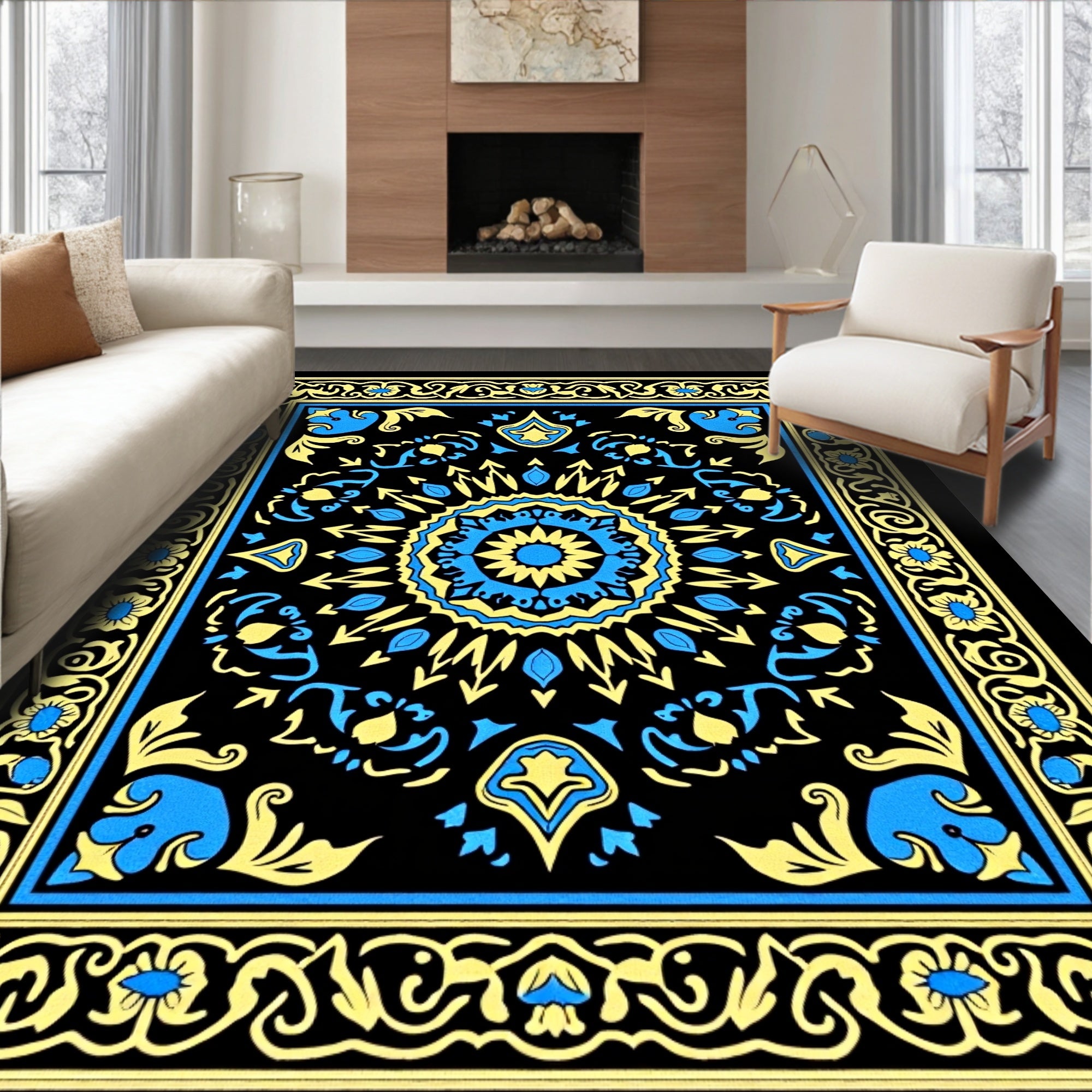 Intricate Blue Yellow Mandala Pattern Rug