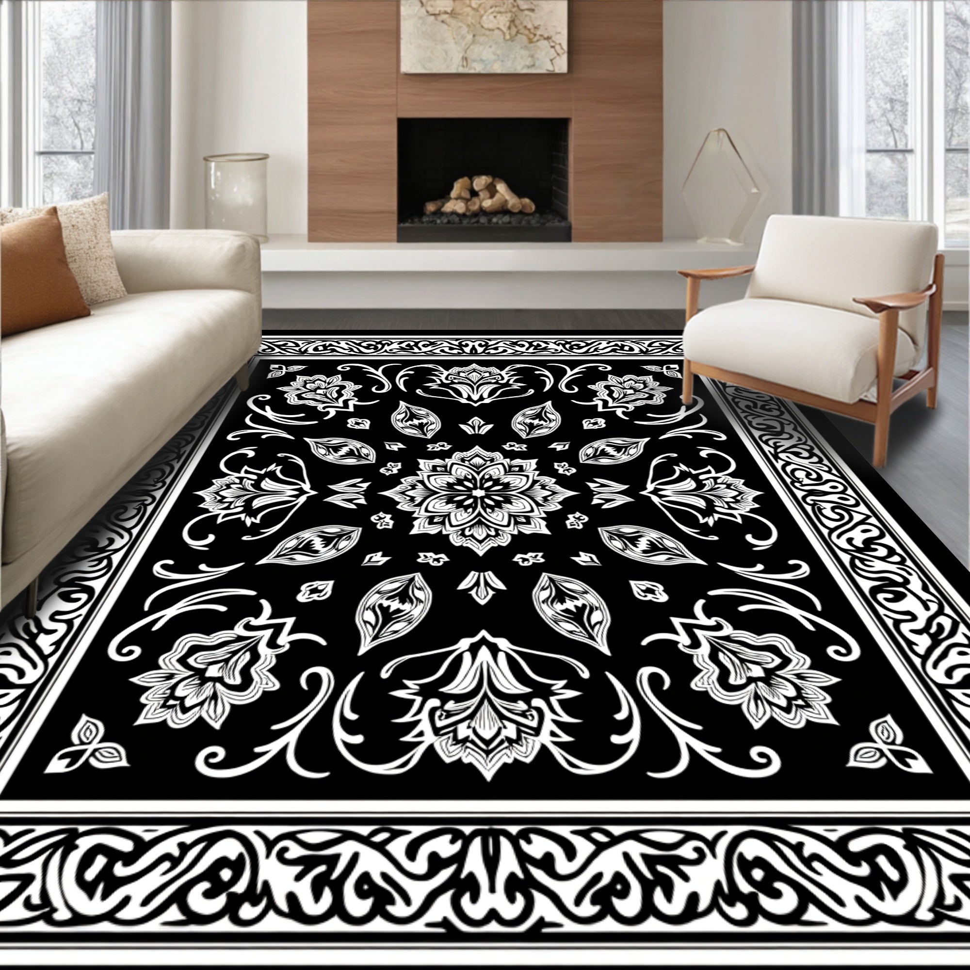 Black White Floral Paisley Border Design Rug
