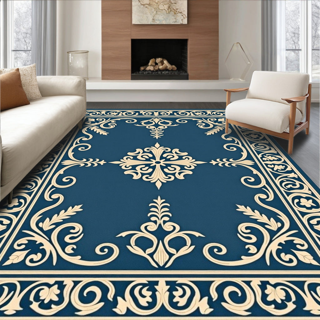 Elaborate Blue Cream Floral Border Rug