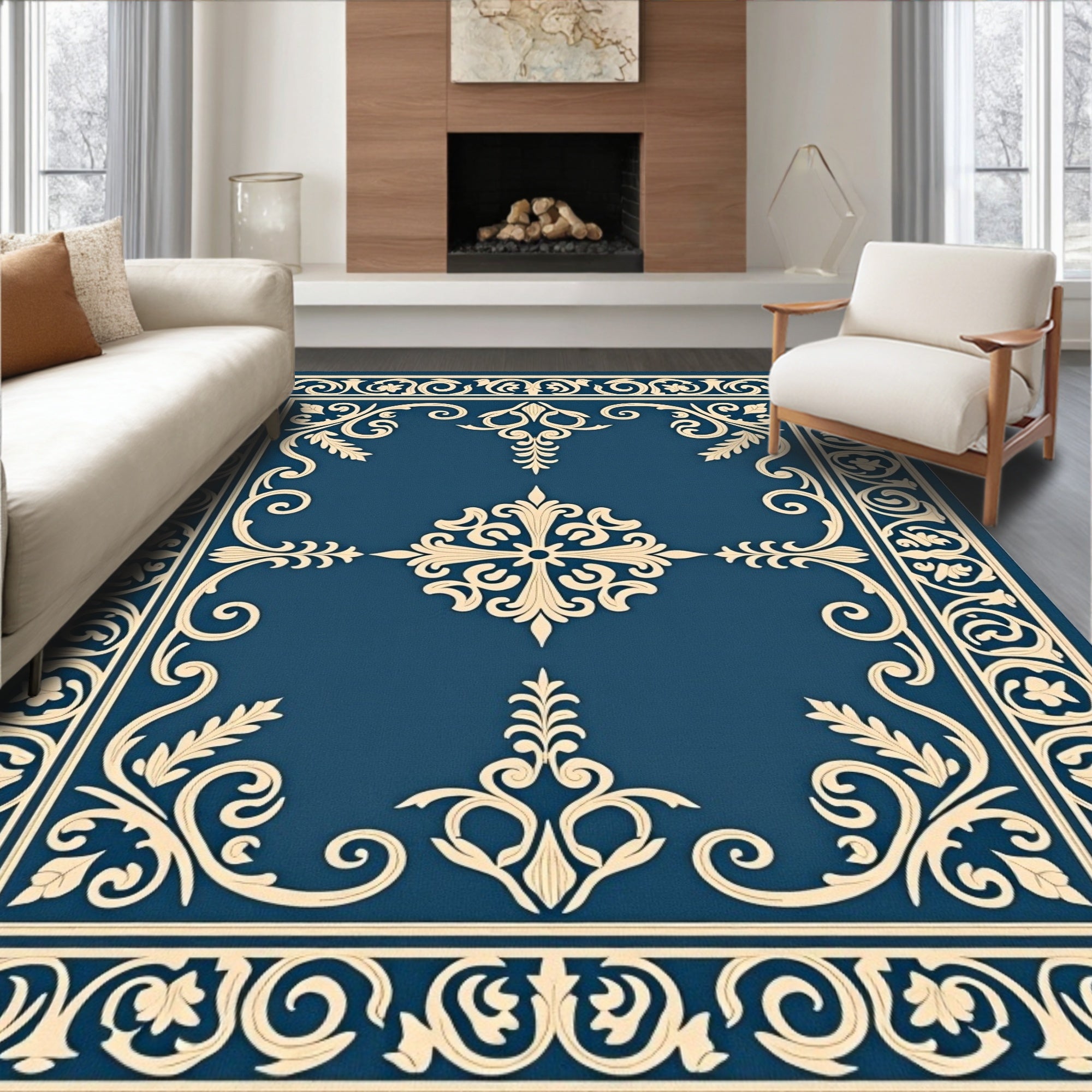 Elaborate Blue Cream Floral Border Rug