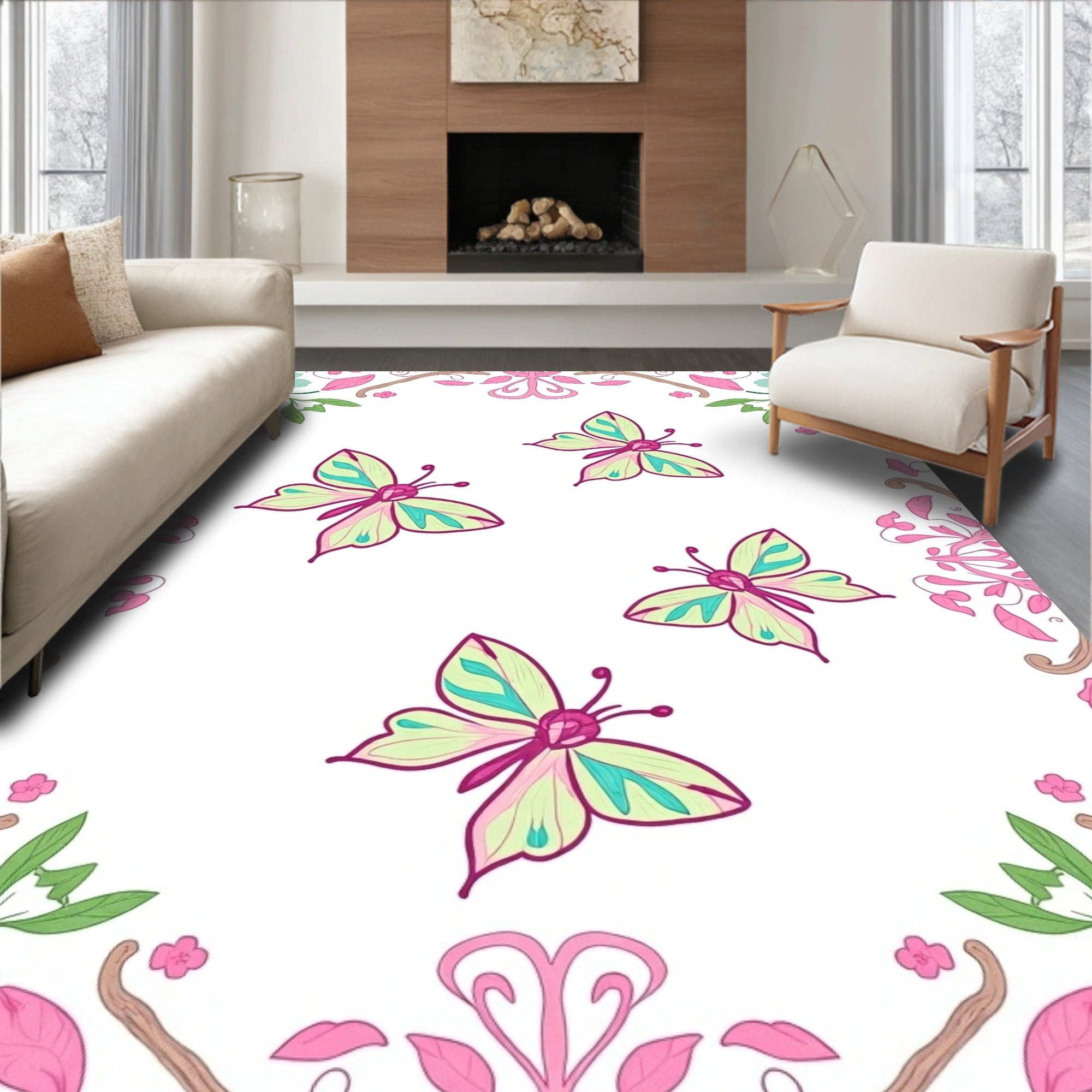 Whimsical Butterfly Floral Design Rug