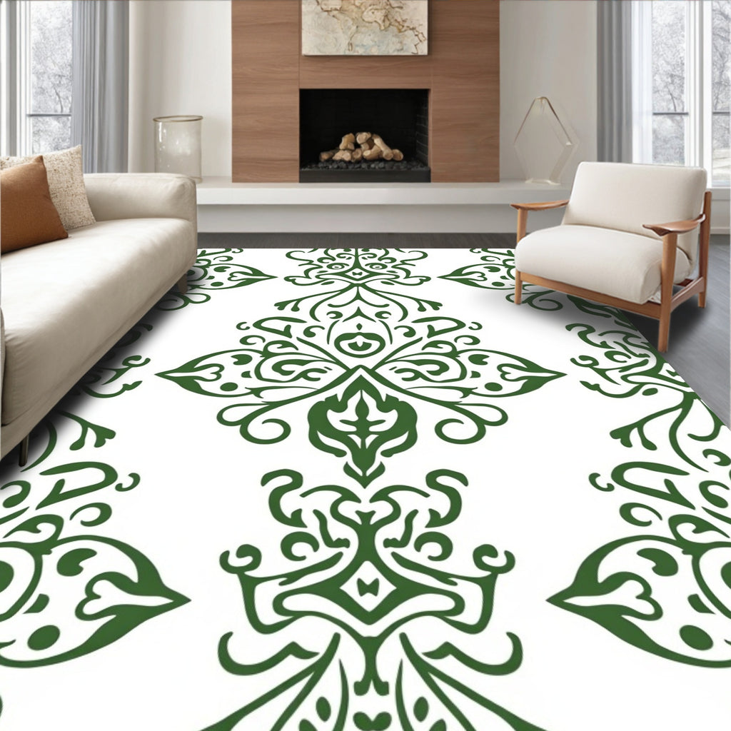 Ornate Green Damask Scroll Pattern Rug
