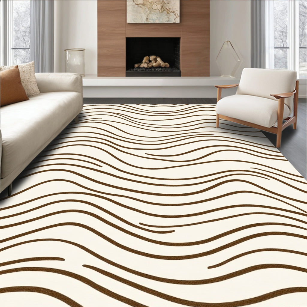 Abstract Wavy Brown Line Pattern Rug