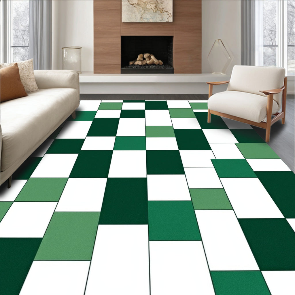 Modern Green Square Geometric Design Rug