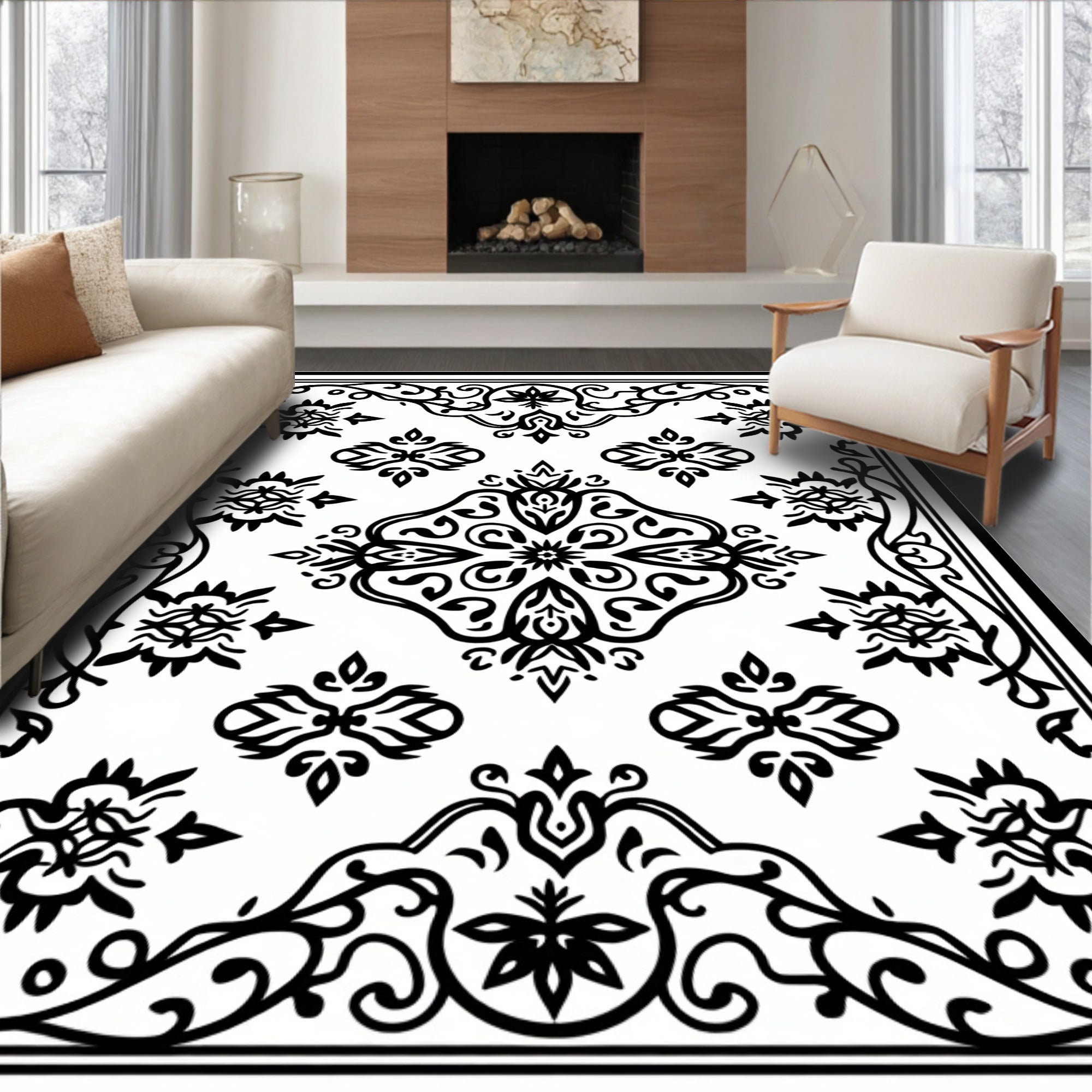 Ornate Black White Traditional Patterns Rug