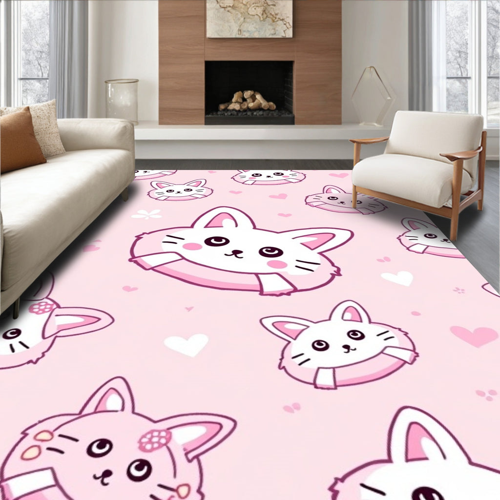 Pink Hearts Cute Cat Faces Rug