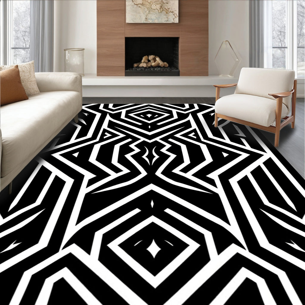 Bold Black White Geometric Pattern Rug