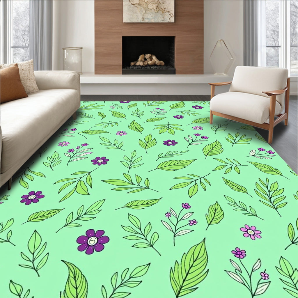 Green Purple Floral Leaf Pattern Rug