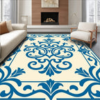 Classic Blue Floral Scroll Border Rug