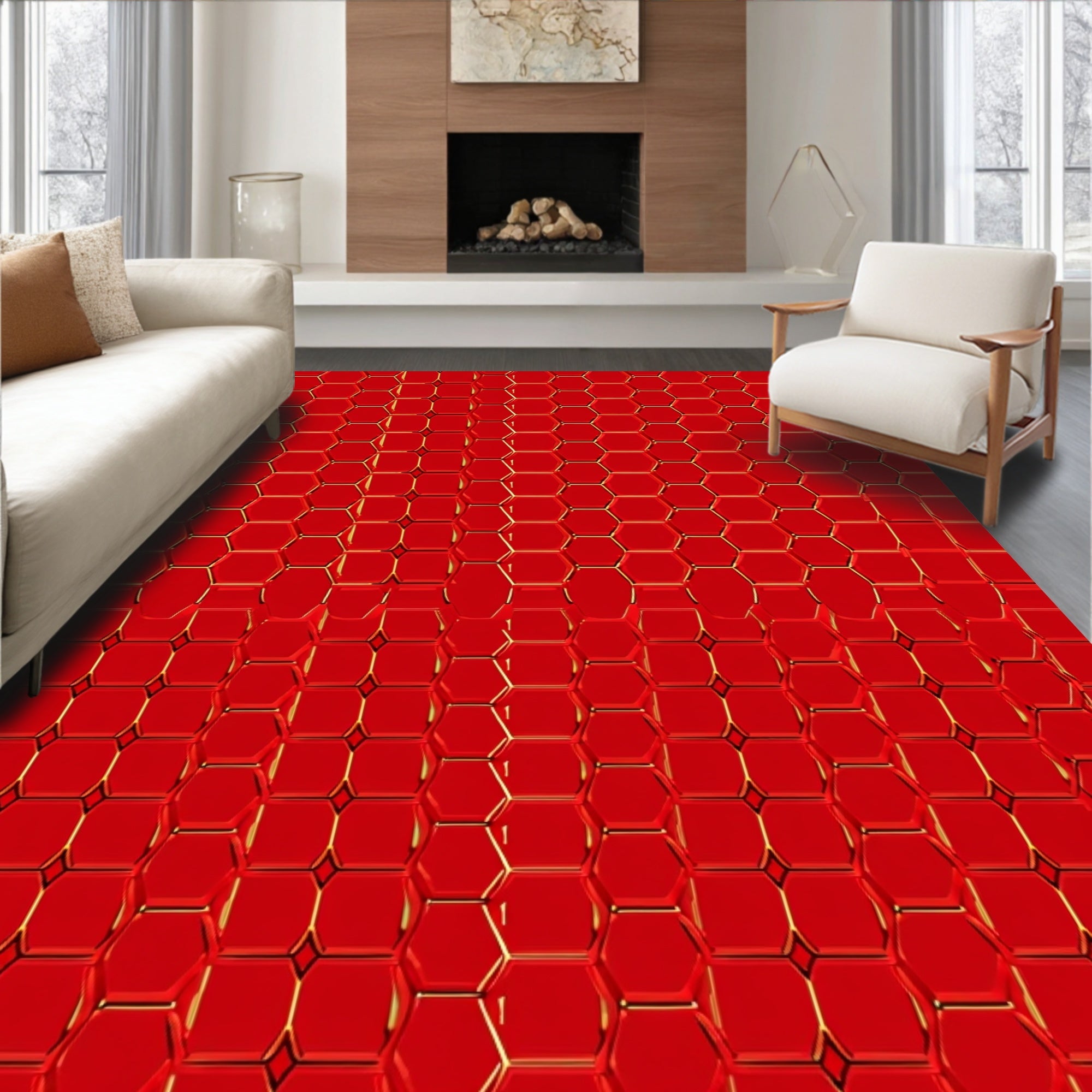 Crimson Hexagonal Metallic Pattern Rug