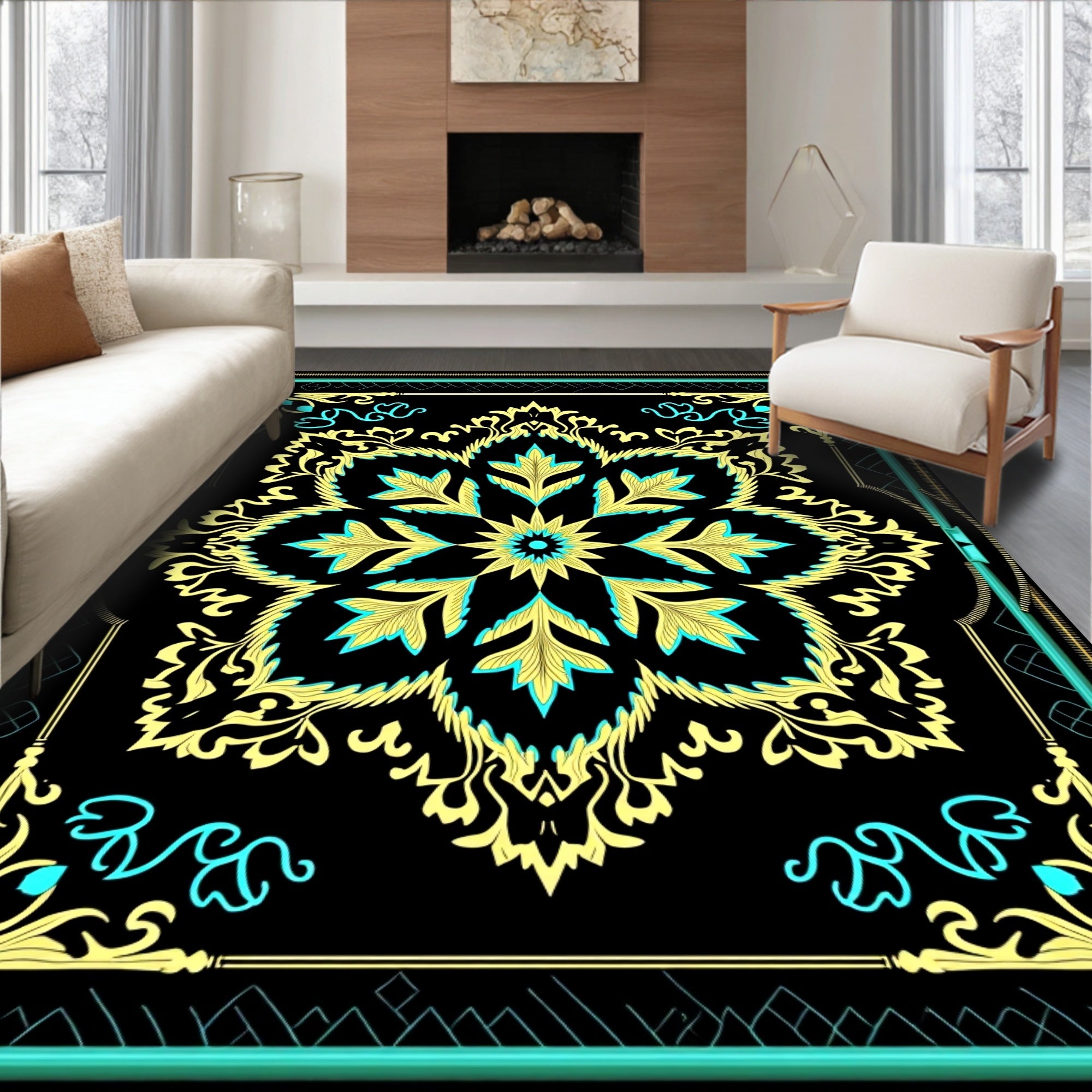 Elegant Black Gold Teal Mandala Design Rug