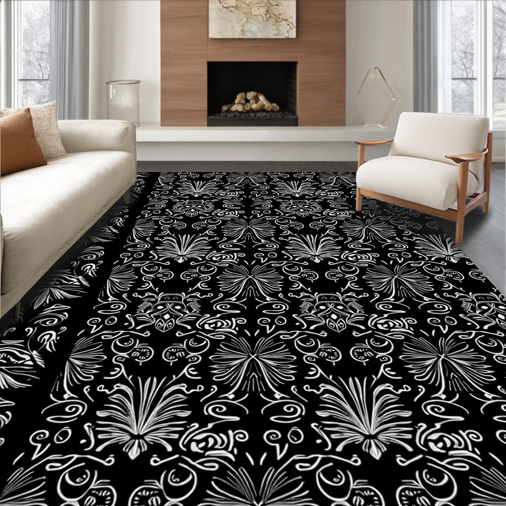 Ornate White Swirl Botanical Pattern Rug