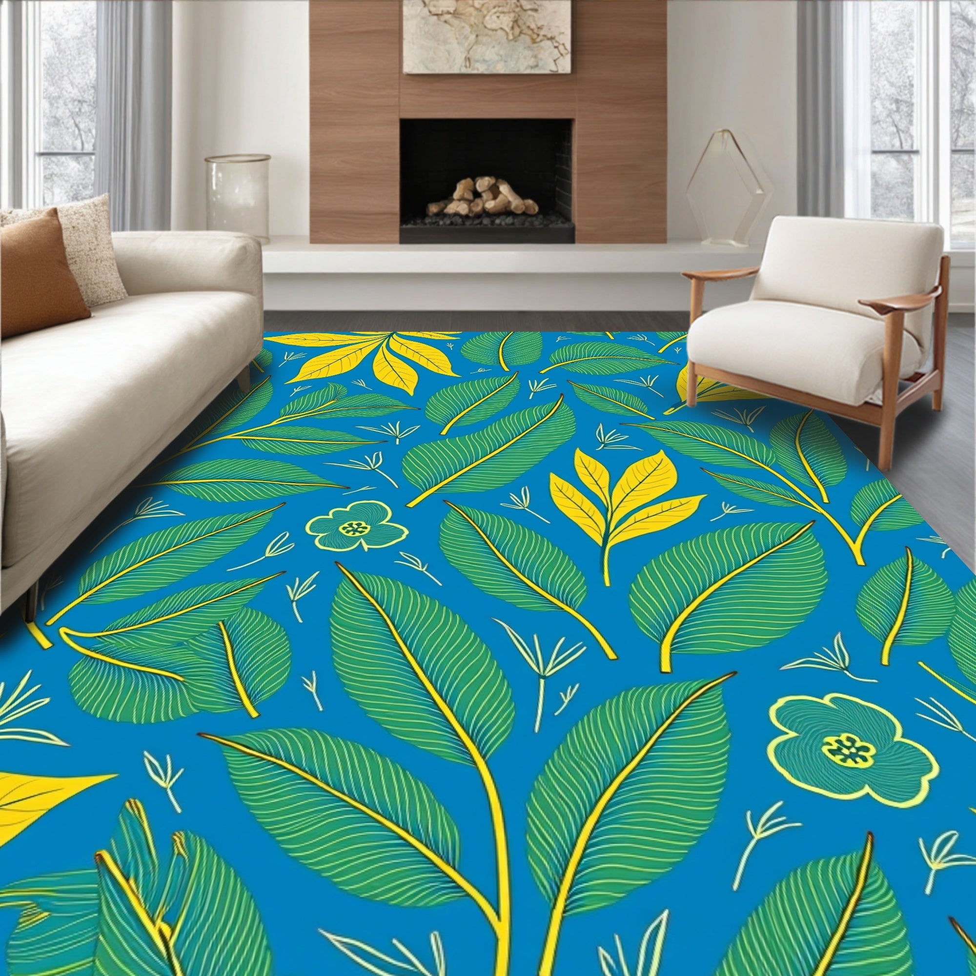 Vibrant Tropical Leaves Floral Pattern Rug
