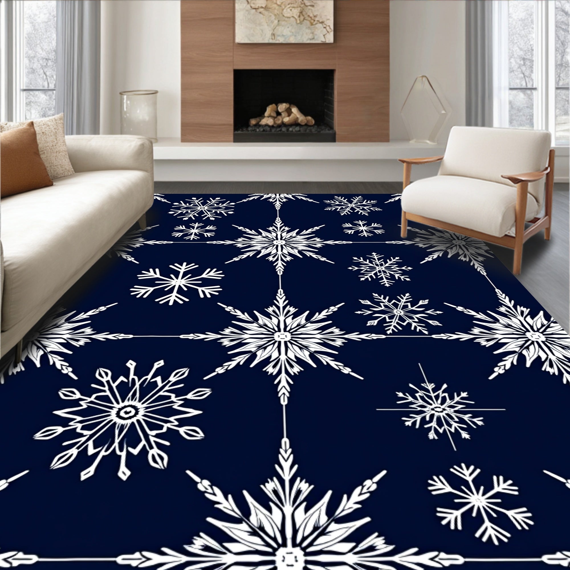 White Snowflake Lattice Navy Rug