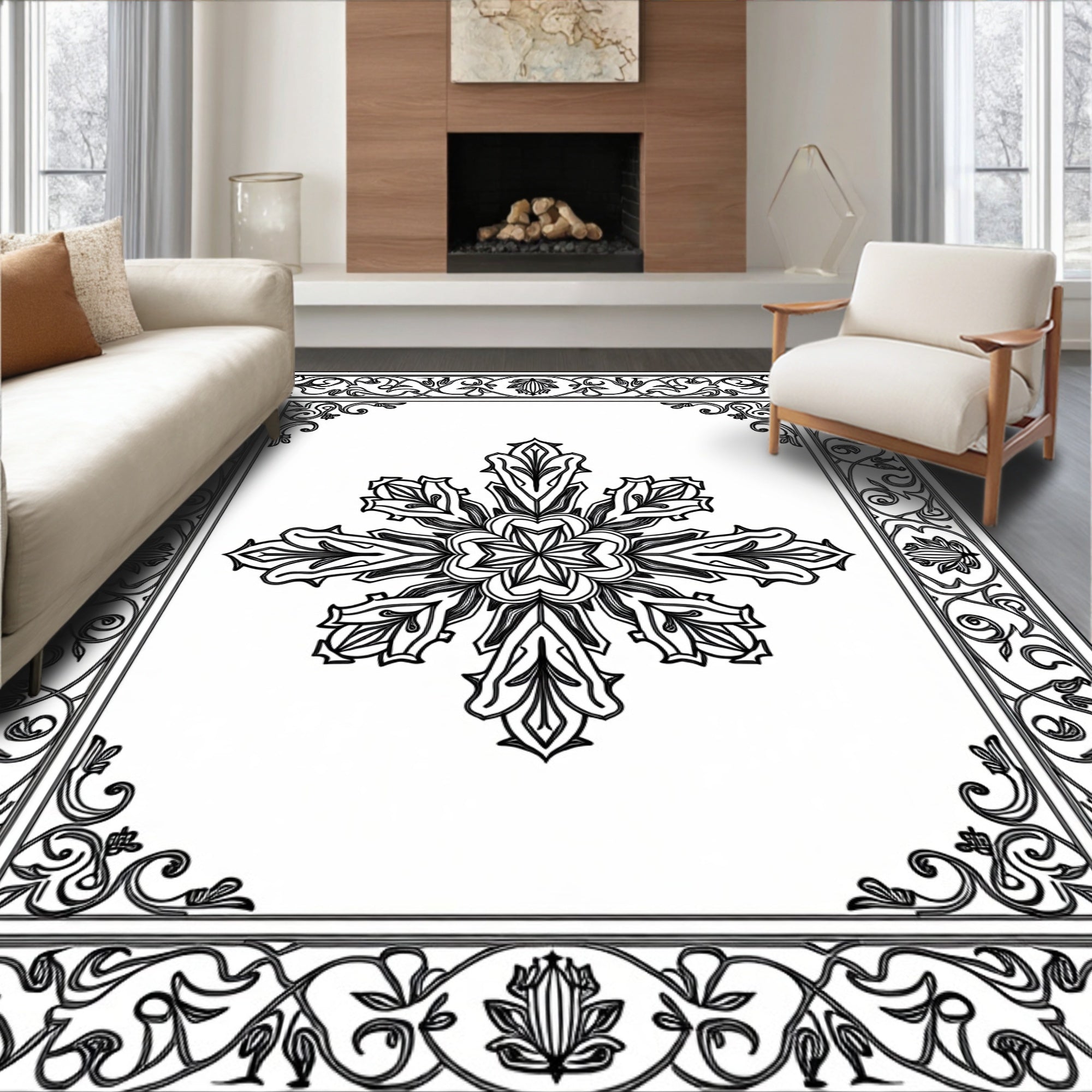 Intricate Floral Mandala Border Design Rug