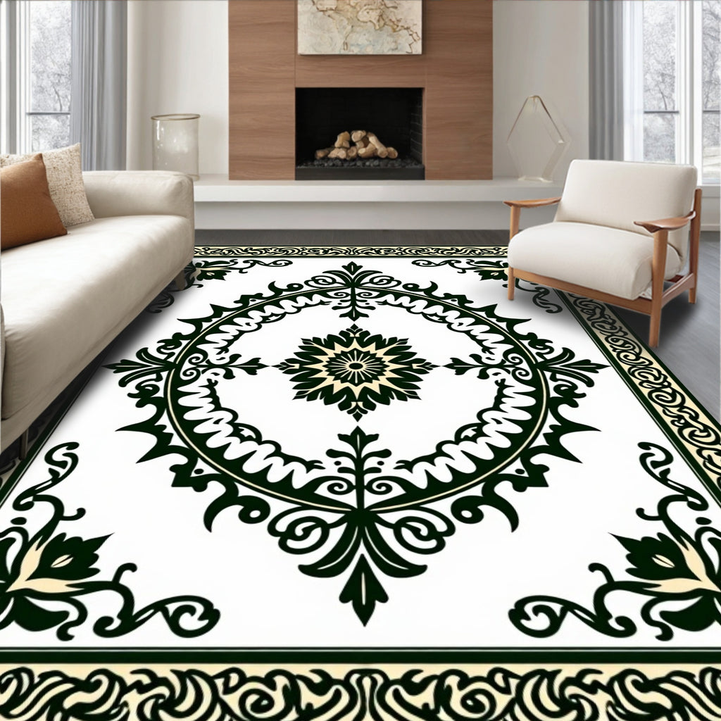 Green Cream Floral Medallion Rug