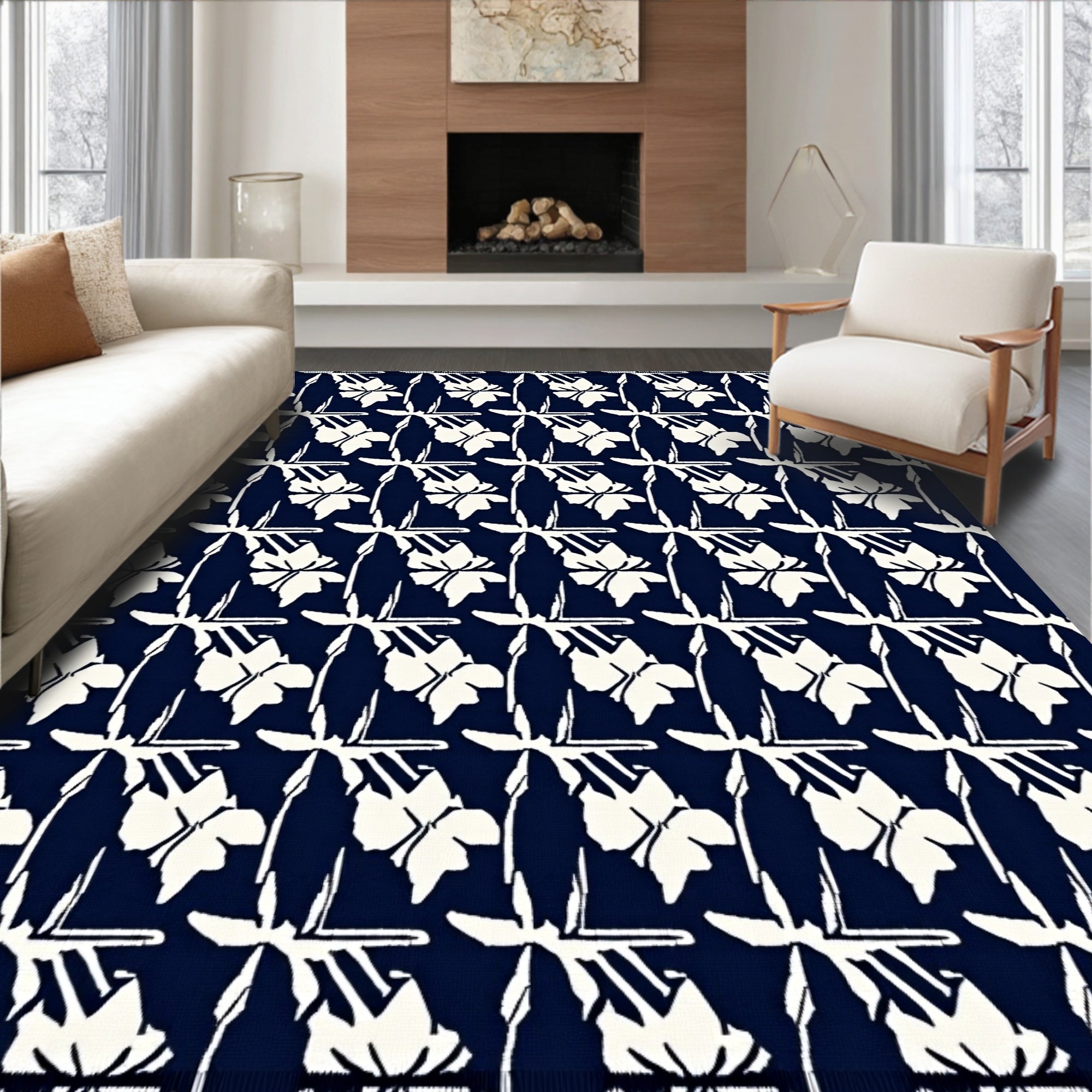 Classic Floral Patterned Navy Rug