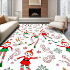 Playful Red Green Christmas Elf Snowflakes Rug