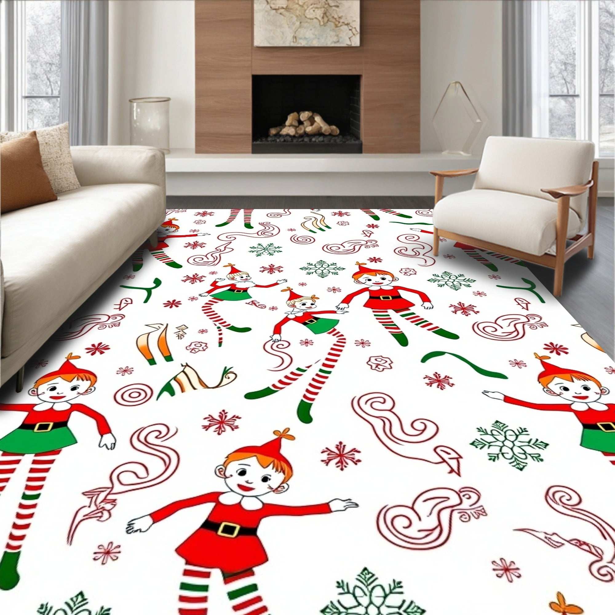 Playful Red Green Christmas Elf Snowflakes Rug