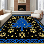 Blue Christmas Tree Gold Snowflake Rug