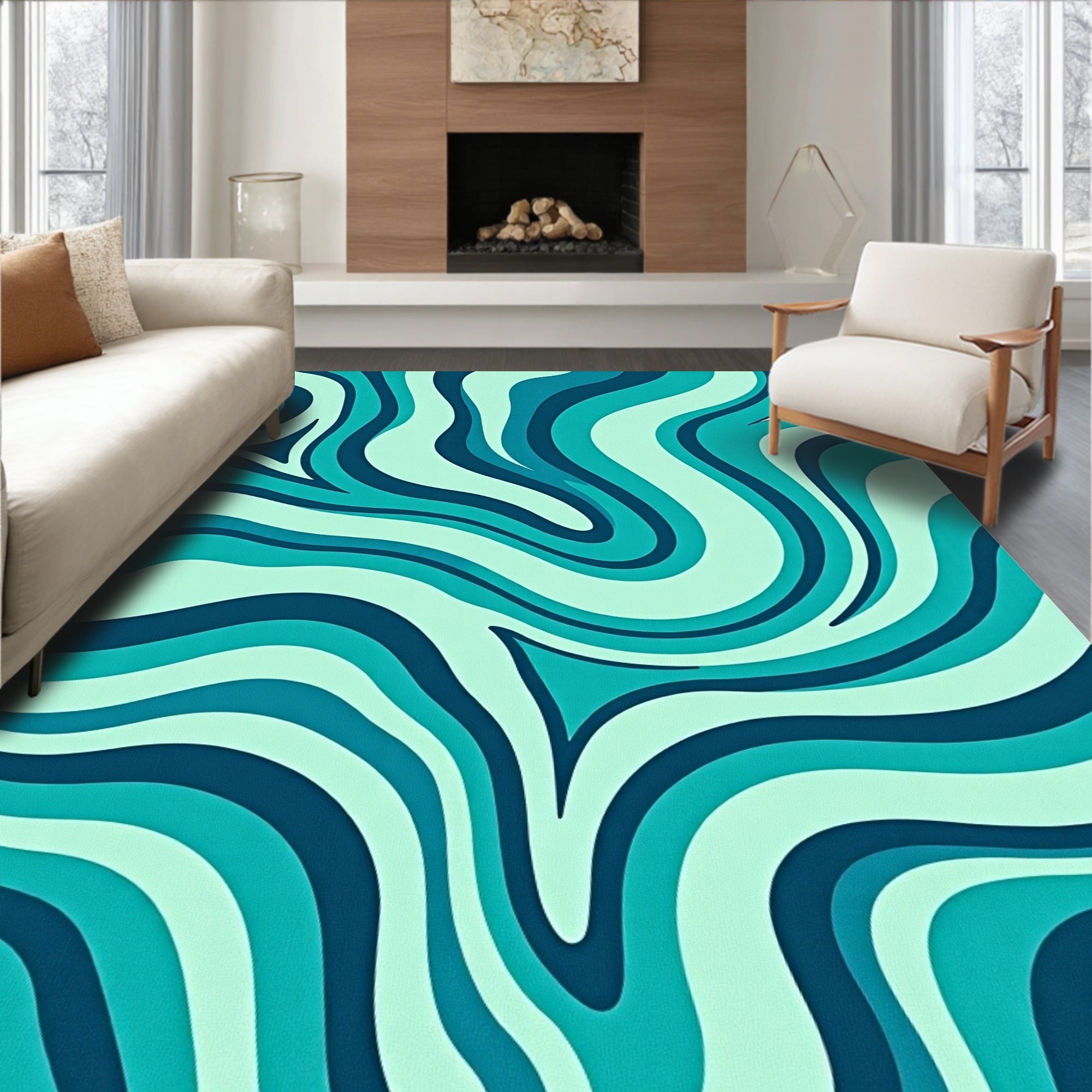 Teal Fluid Wave Abstract Rug