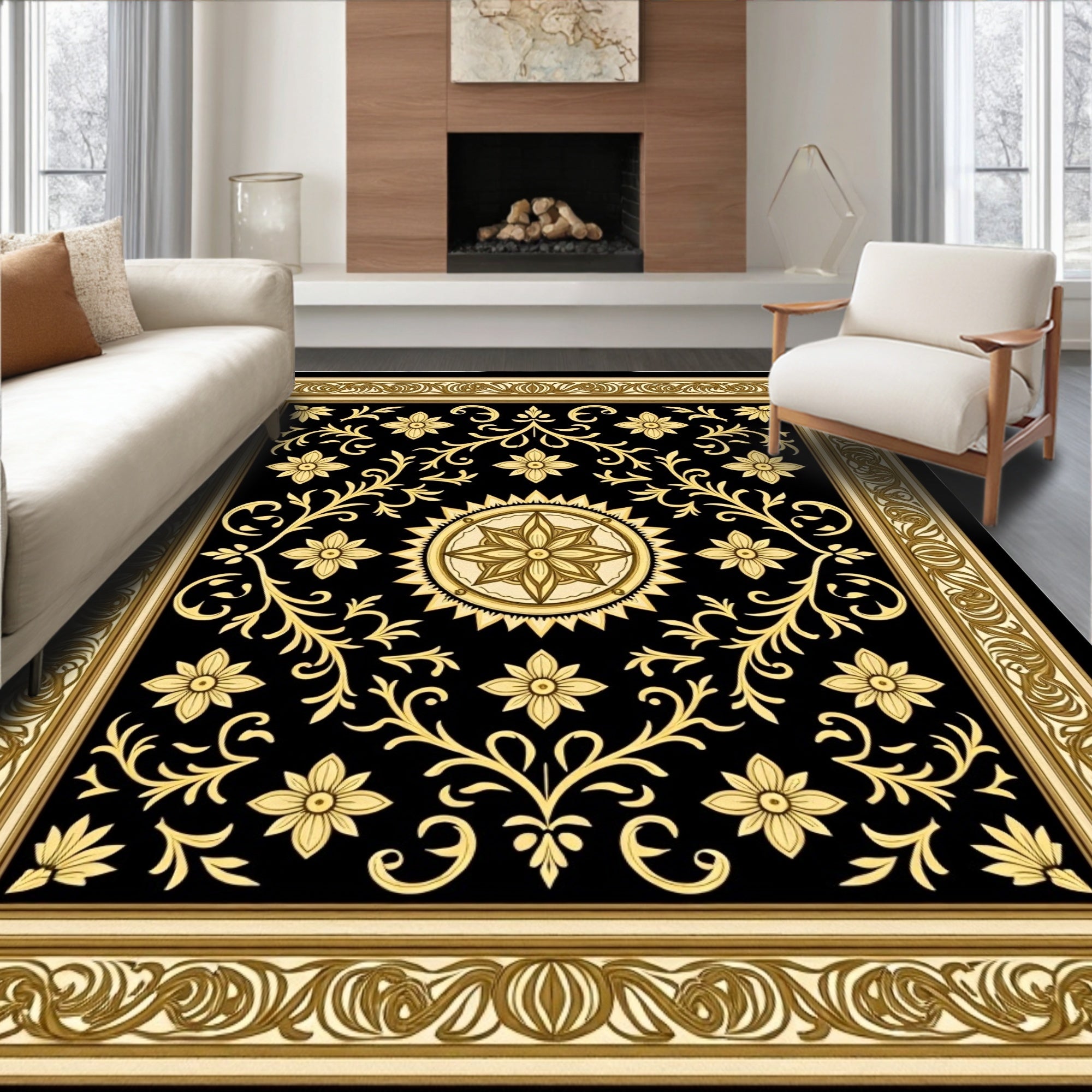 Black Gold Floral Medallion Garden Rug