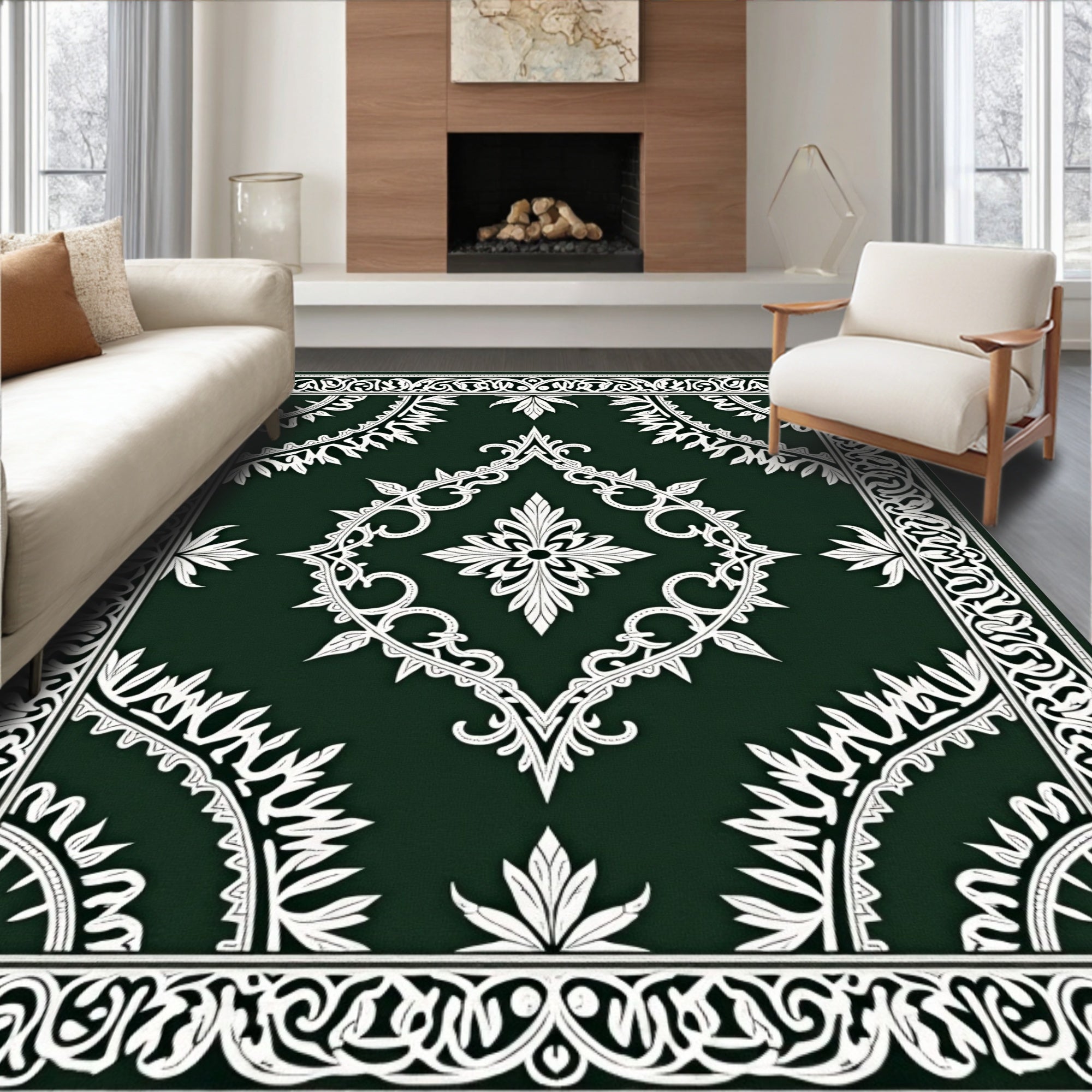 Intricate White Botanical Floral Pattern Rug