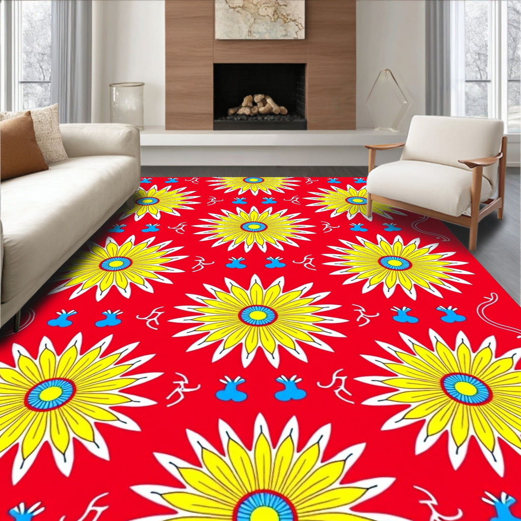 Bold Yellow Sunburst Flower Pattern Rug