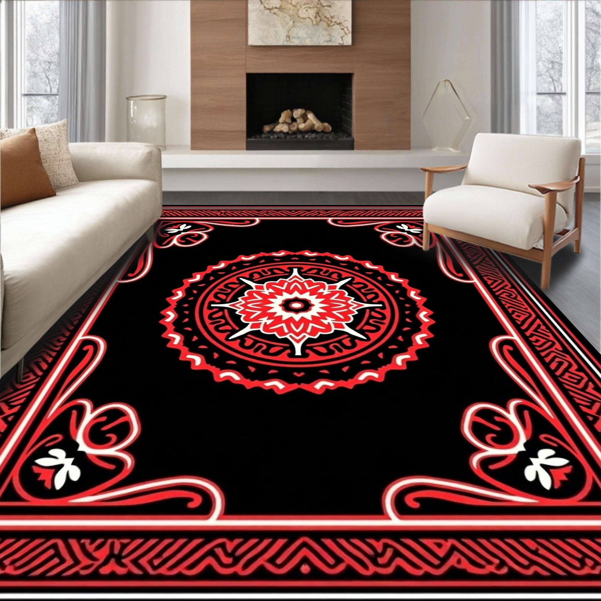 Intricate Red Floral Mandala Patterned Rug