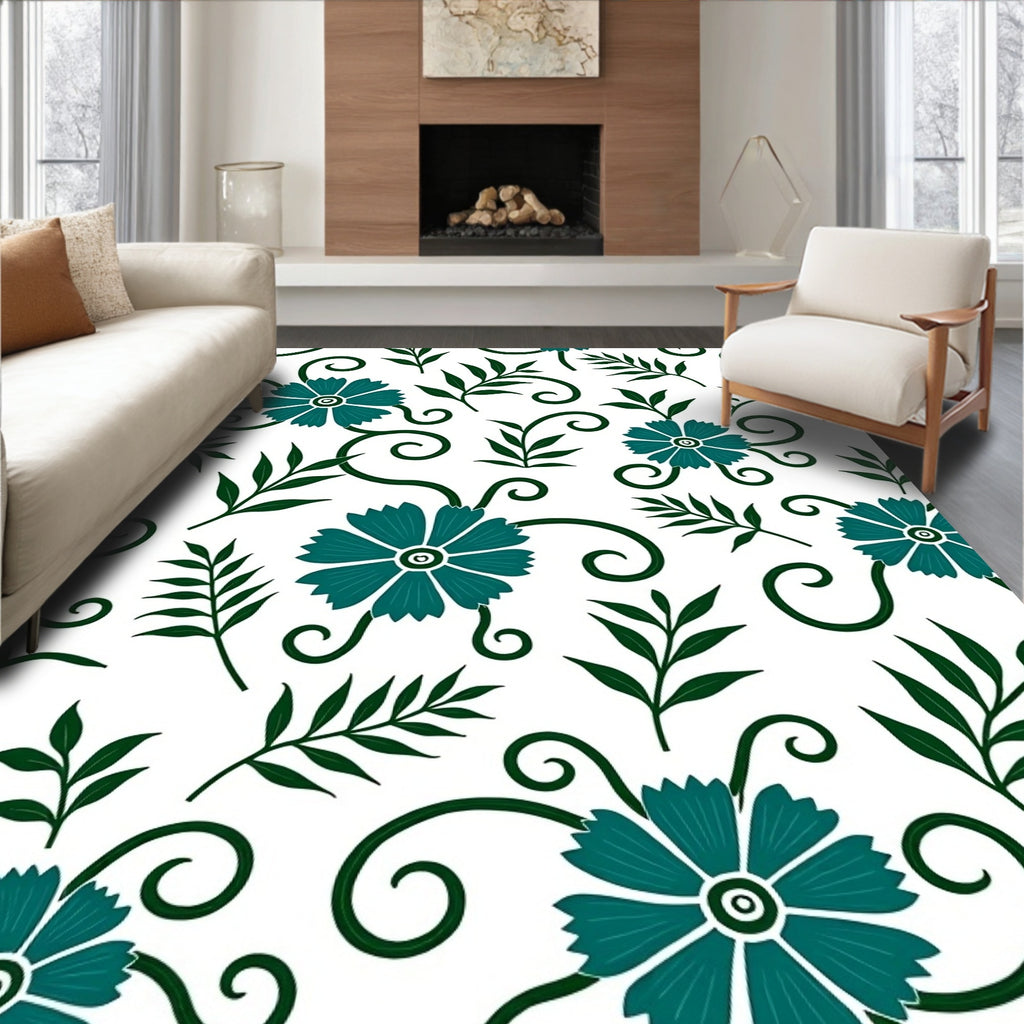 Teal Floral Vine Swirl Pattern Rug